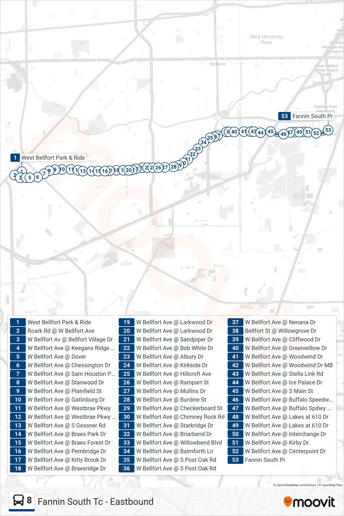8 bus Line (Fannin South Tc - Eastbound) route and stops on a map