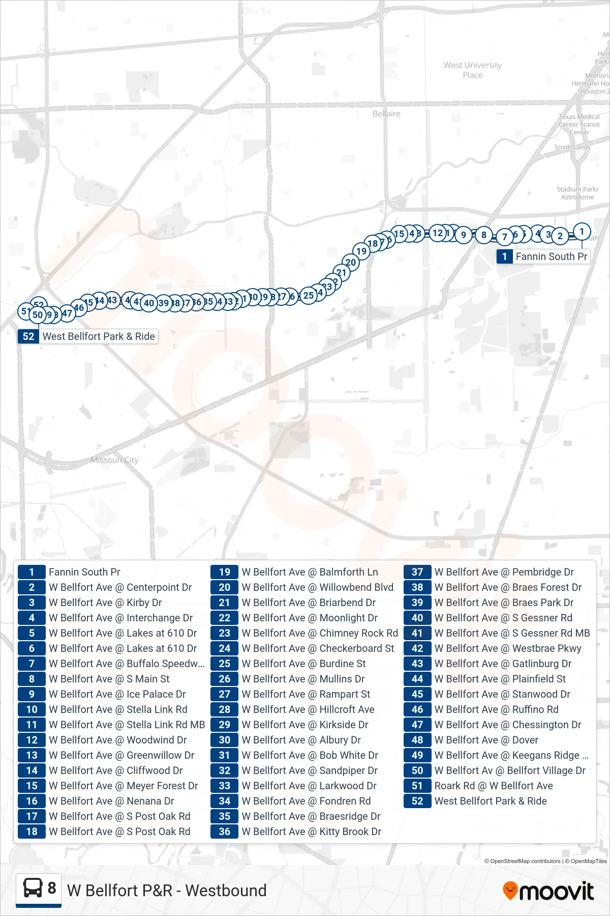 8 bus Line (W Bellfort P&R - Westbound) route and stops on a map