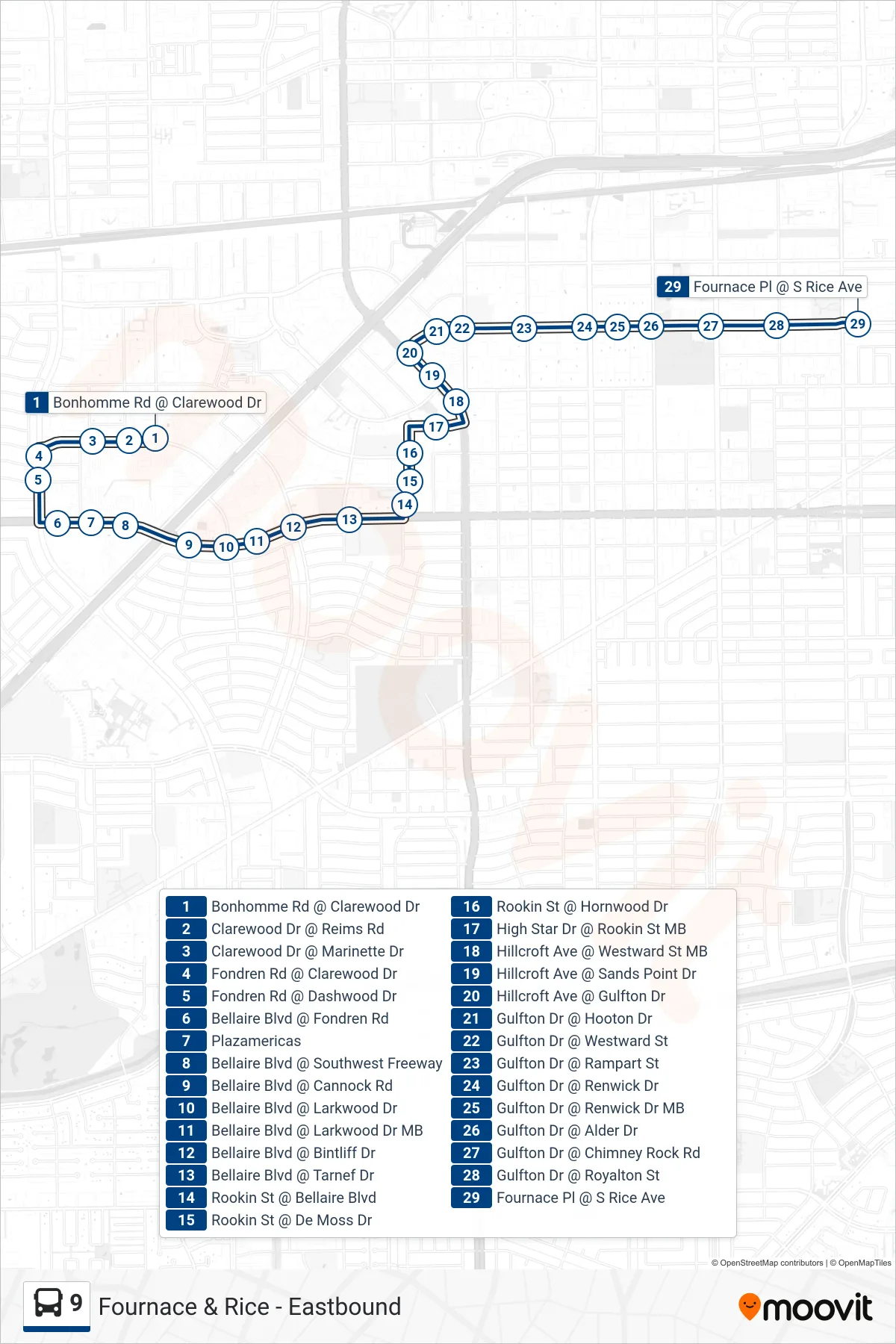 9 bus Line (Fournace & Rice - Eastbound) route and stops on a map