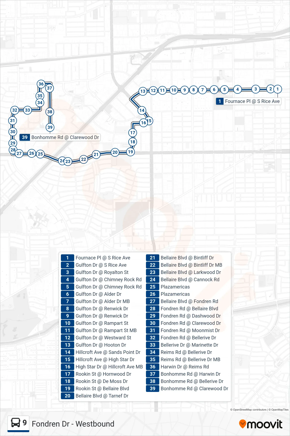 9 bus Line (Fondren Dr - Westbound) route and stops on a map