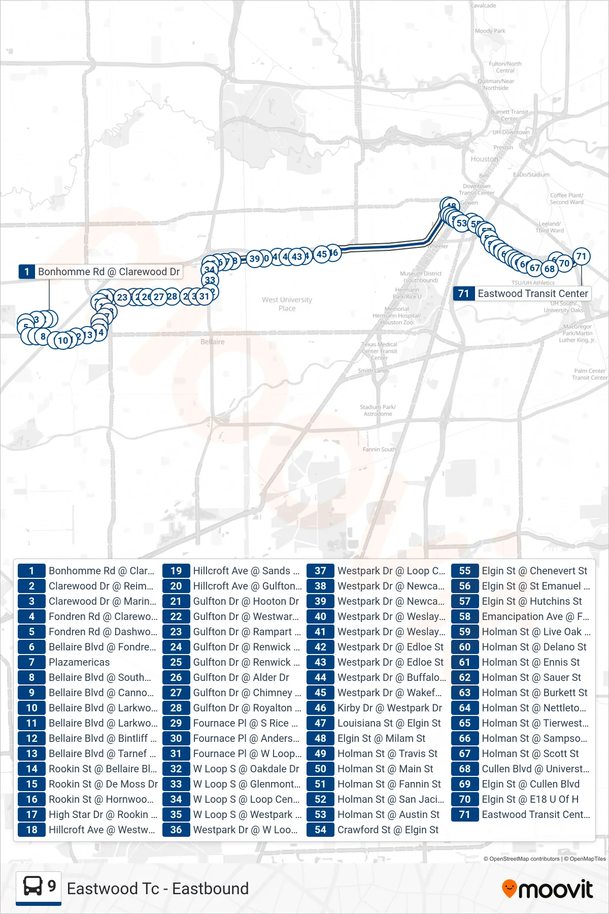 9 bus Line (Eastwood Tc - Eastbound) route and stops on a map