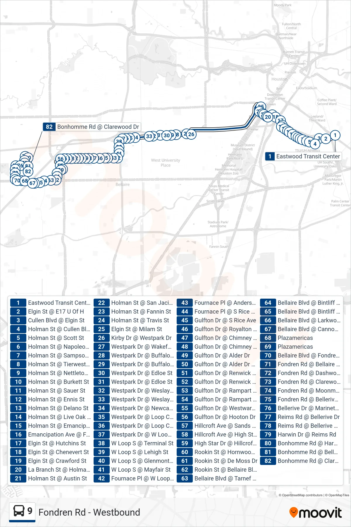 9 bus Line (Fondren Rd - Westbound) route and stops on a map