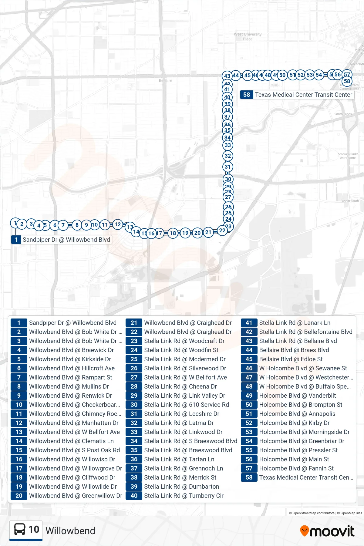 10 bus Line (Tmc Tc - Northbound) route and stops on a map