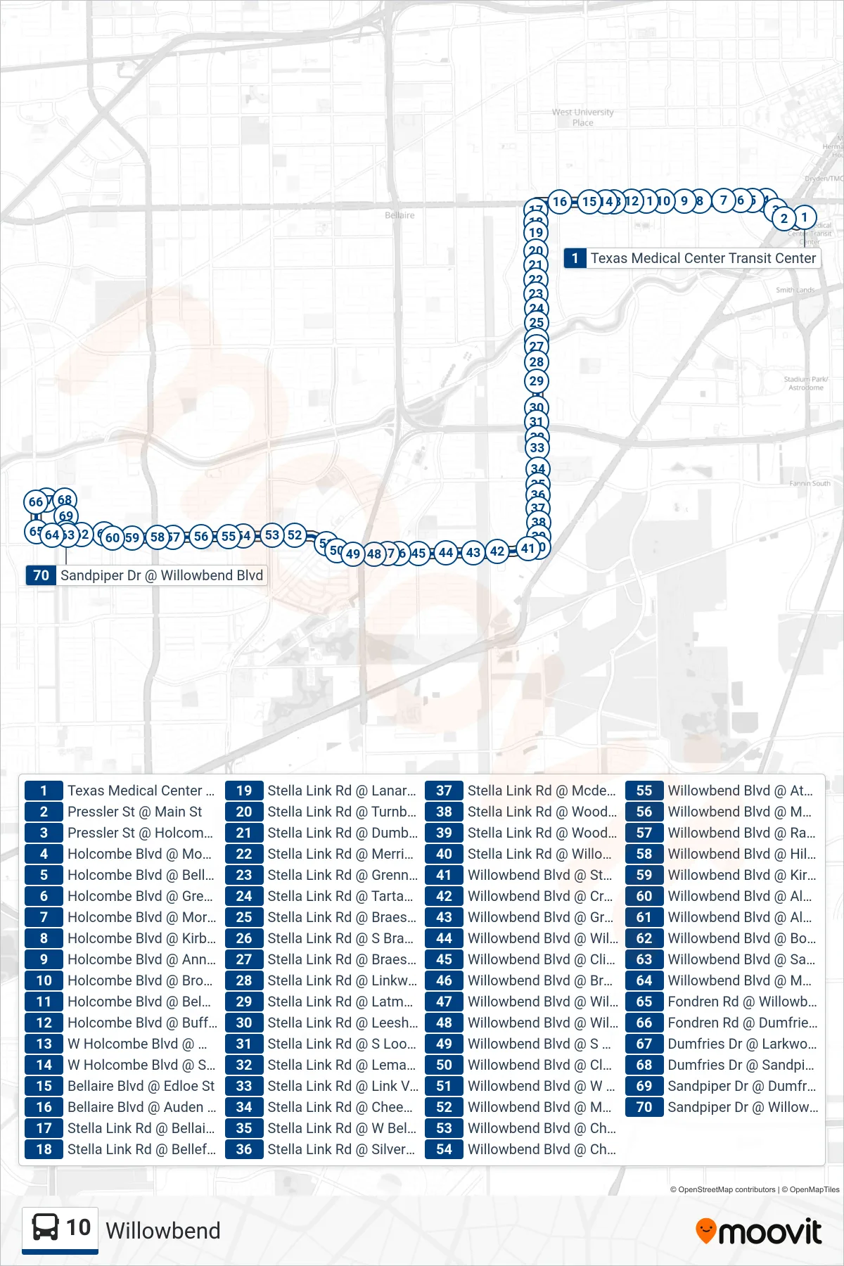 10 bus Line (Fondren Rd - Southbound) route and stops on a map