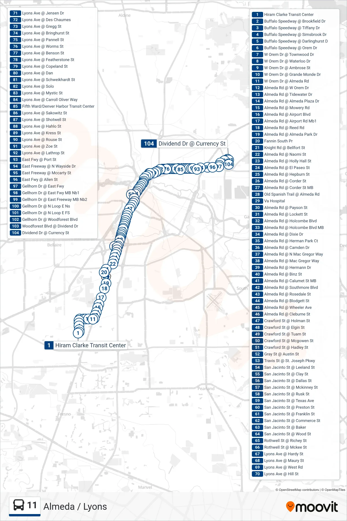 11 bus Line (Gellhorn & 610 - Northbound) route and stops on a map