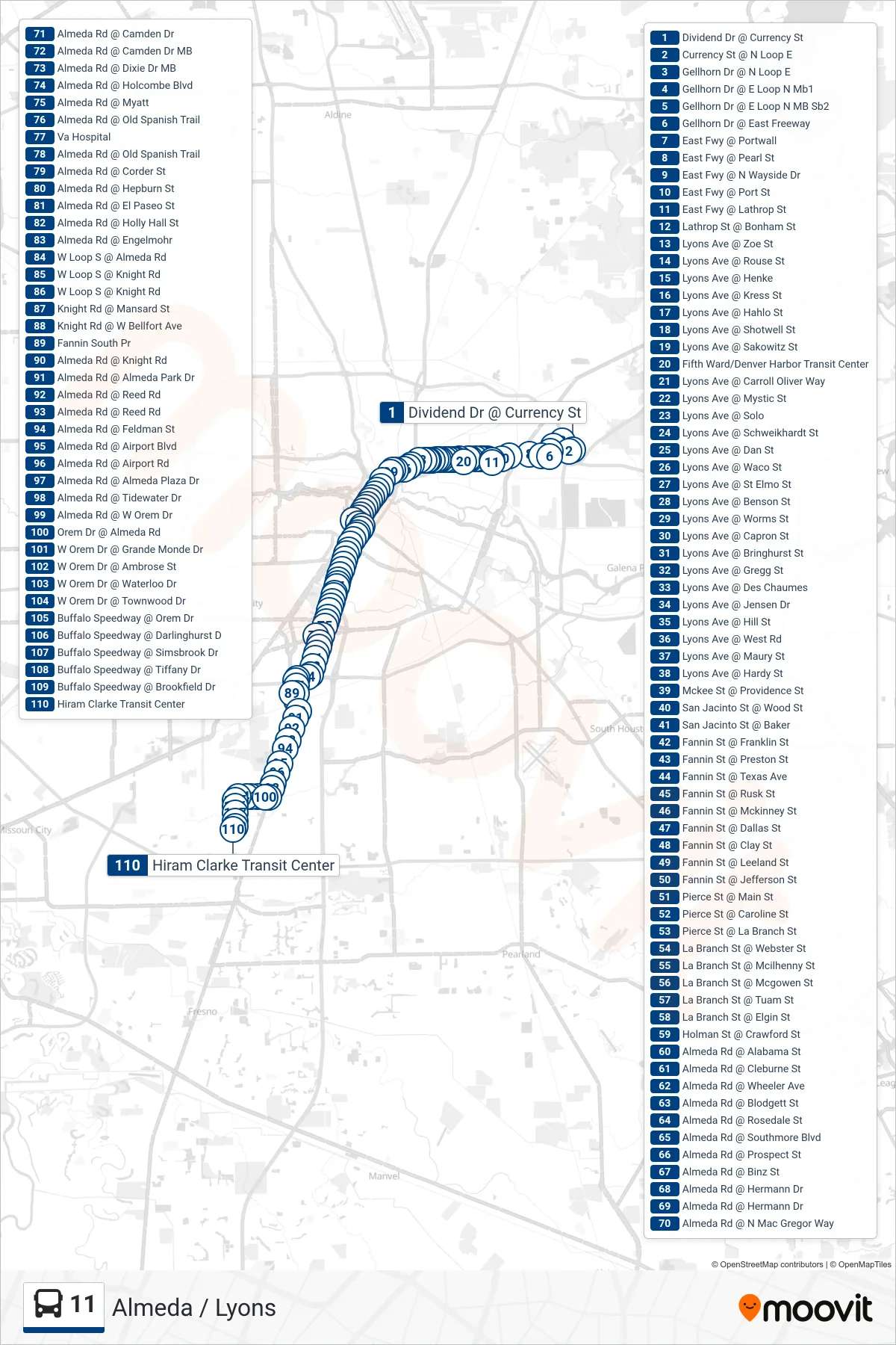 11 bus Line (Hiram Clarke Tc - Southbound) route and stops on a map