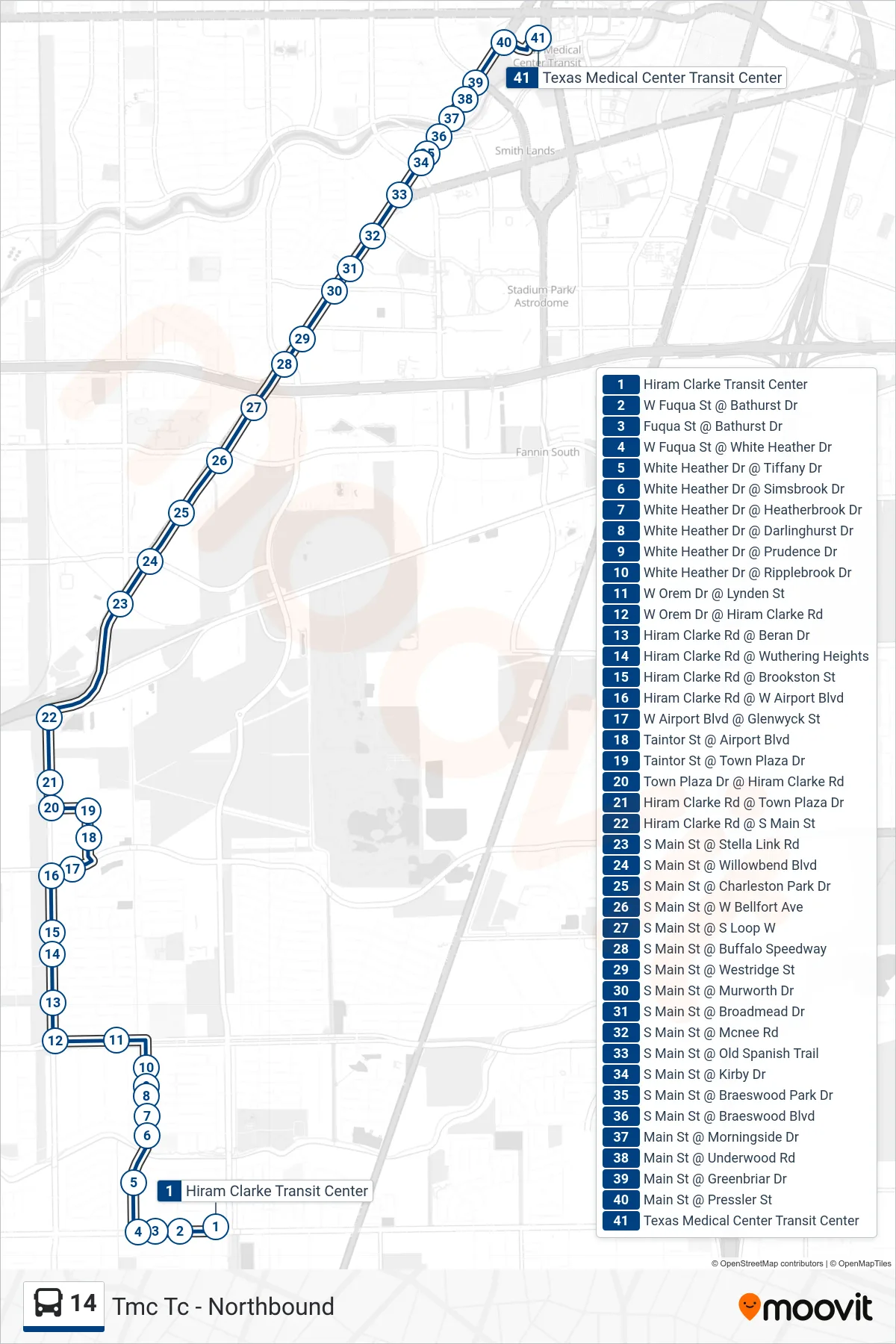 14 bus Line (Tmc Tc - Northbound) route and stops on a map