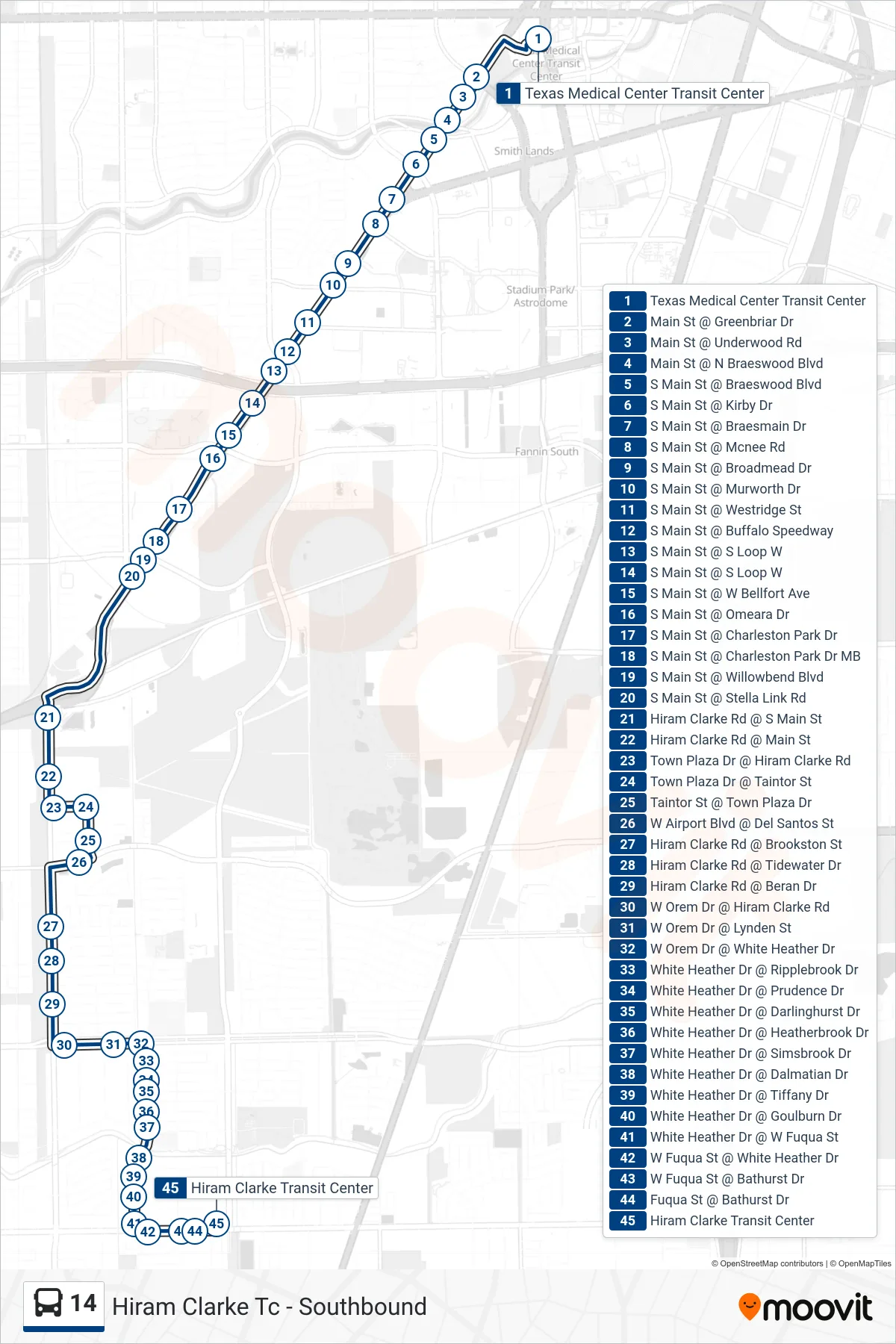14 bus Line (Hiram Clarke Tc - Southbound) route and stops on a map