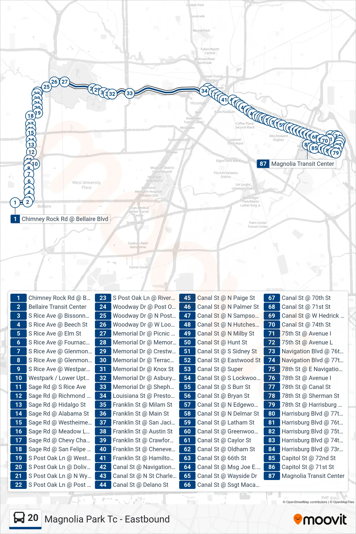 20 bus Line (Magnolia Park Tc - Eastbound) route and stops on a map