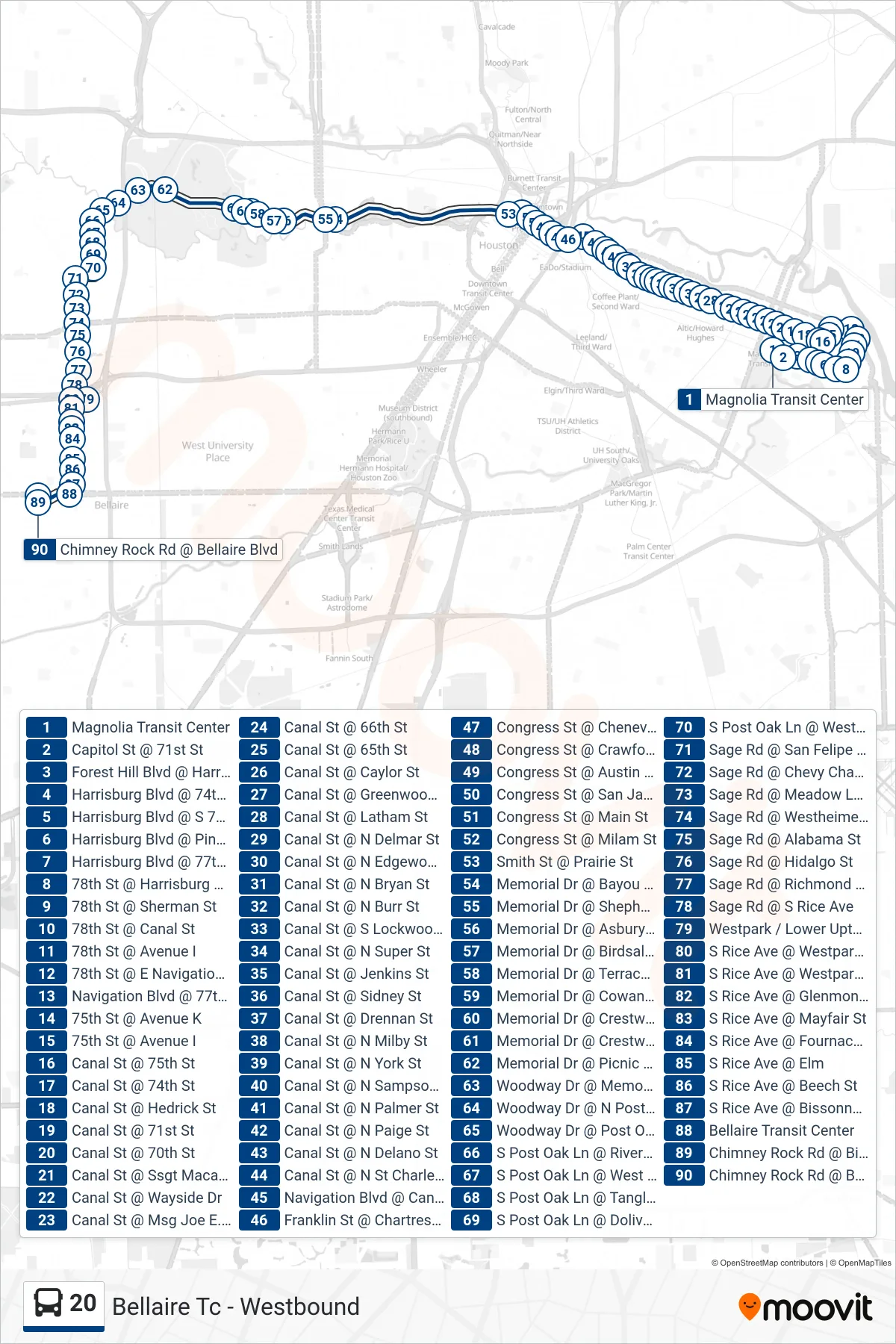 20 bus Line (Bellaire Tc - Westbound) route and stops on a map
