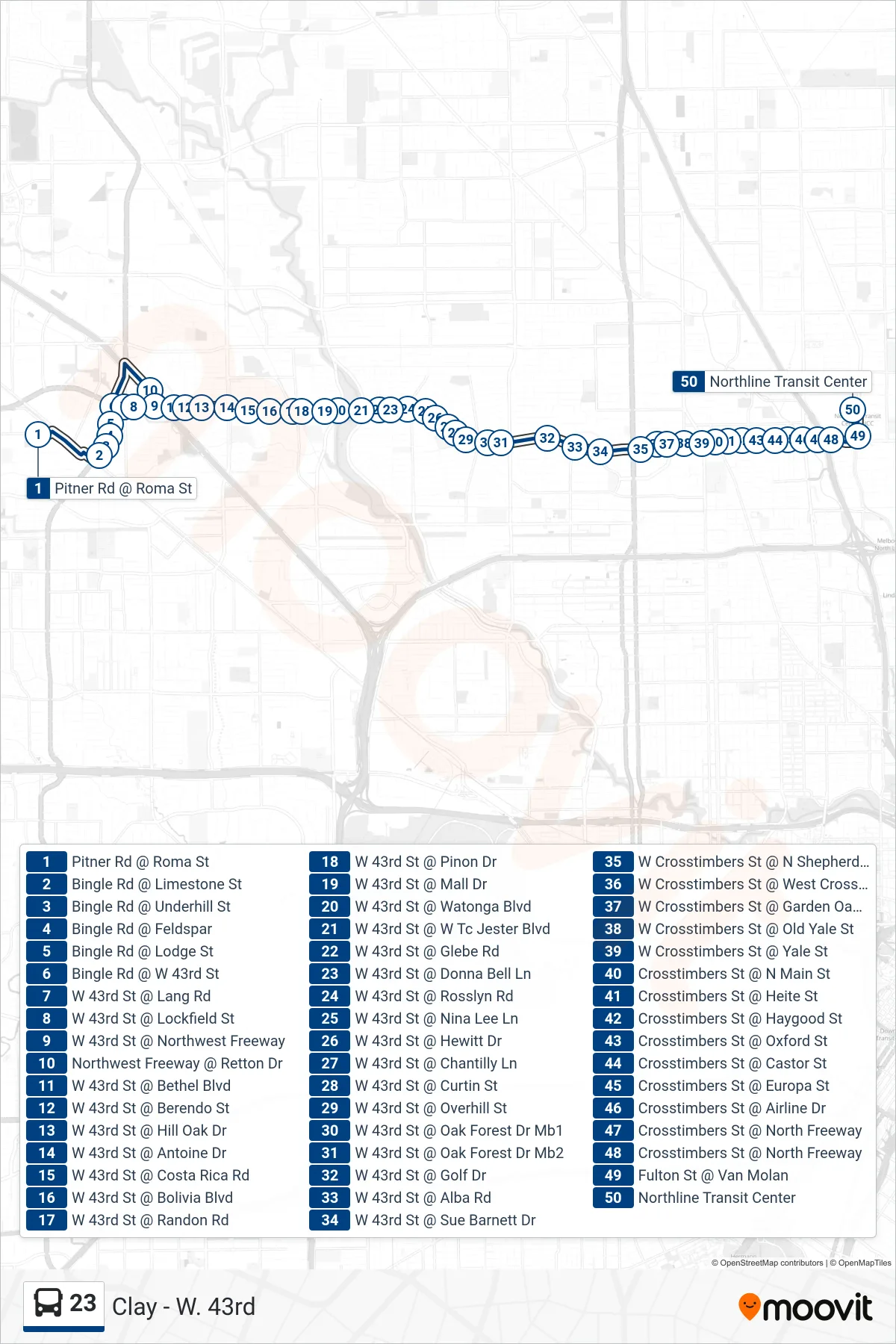 23 bus Line (Northline Tc - Eastbound) route and stops on a map