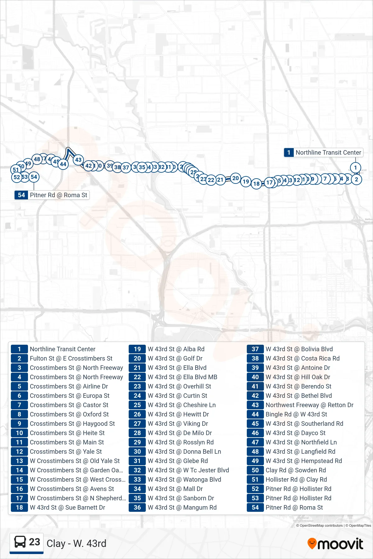 23 bus Line (Hempstead Hwy - Westbound) route and stops on a map