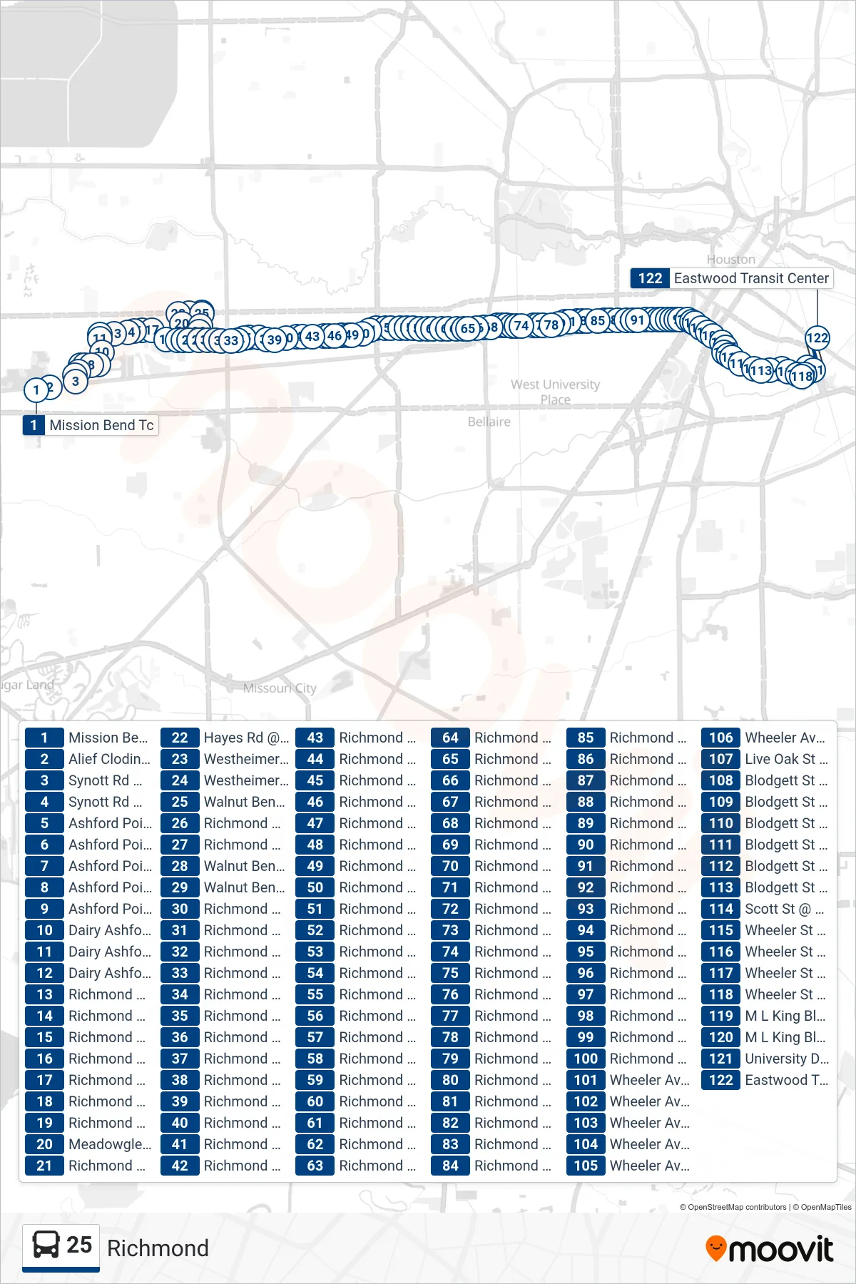 25 bus Line (Eastwood Tc - Eastbound) route and stops on a map