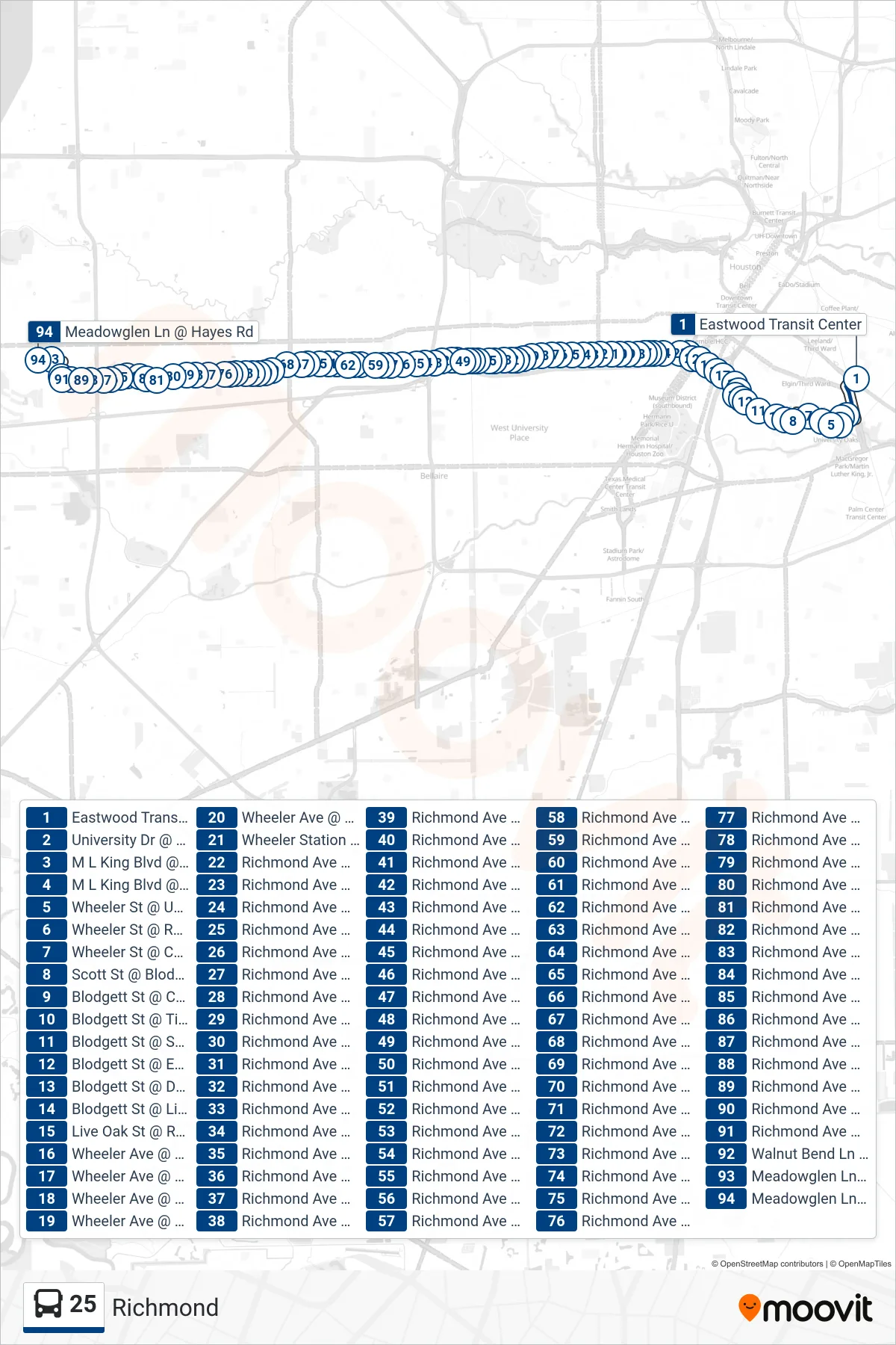25 bus Line (Westchase - Westbound) route and stops on a map