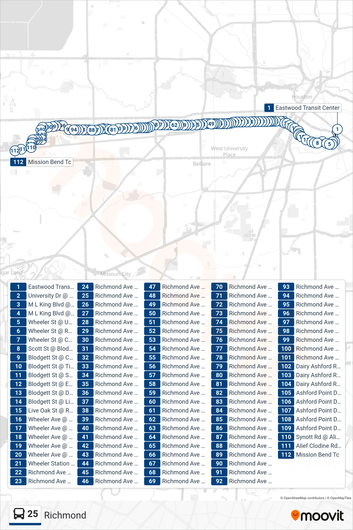 25 bus Line (Mission Bend Tc - Westbound) route and stops on a map