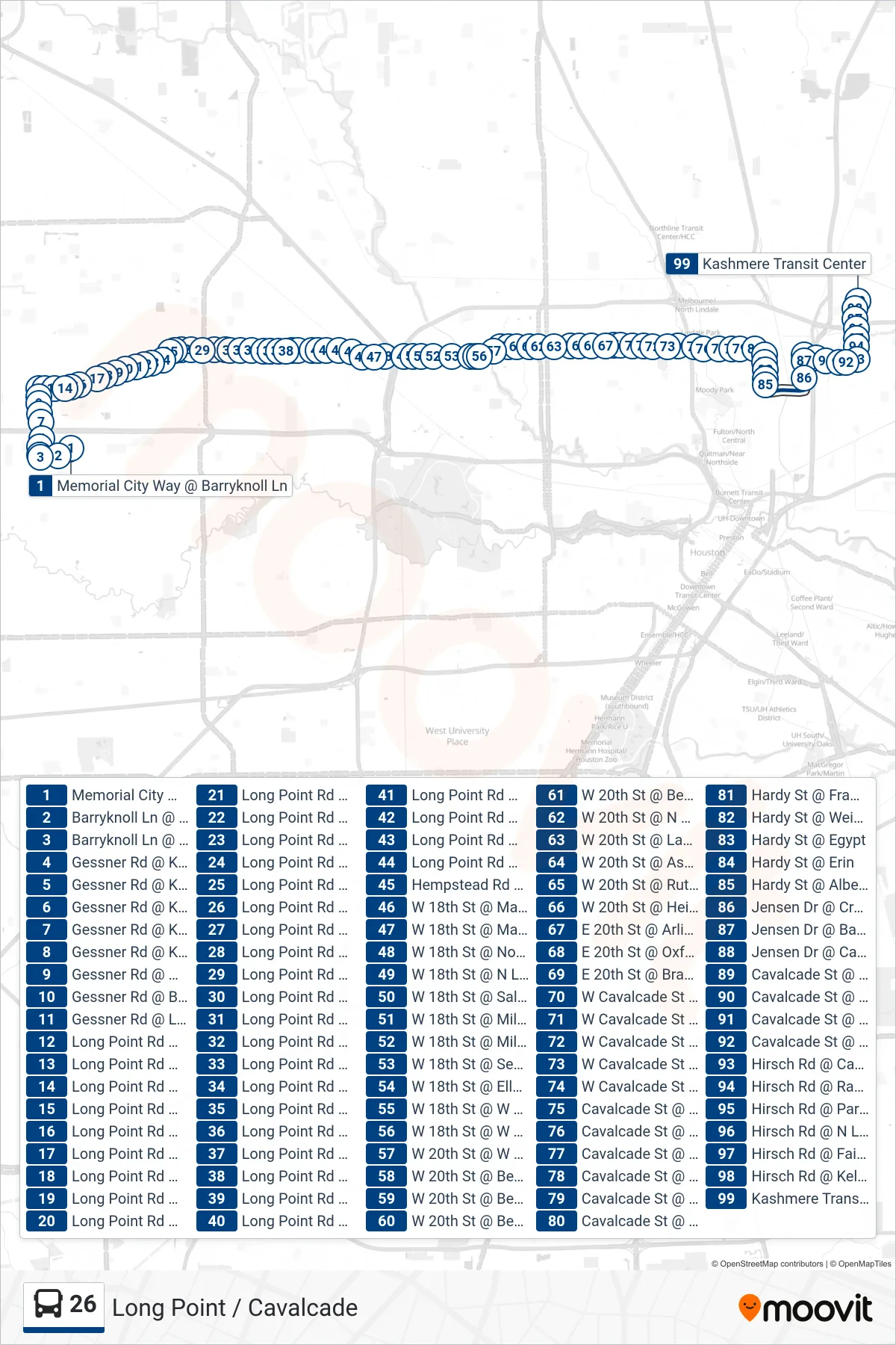 26 bus Line (Kashmere Tc - Eastbound) route and stops on a map