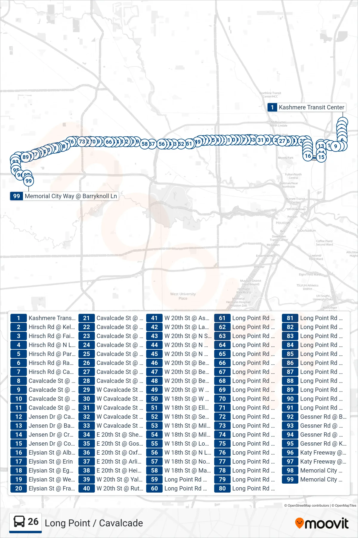 26 bus Line (Memorial City - Westbound) route and stops on a map