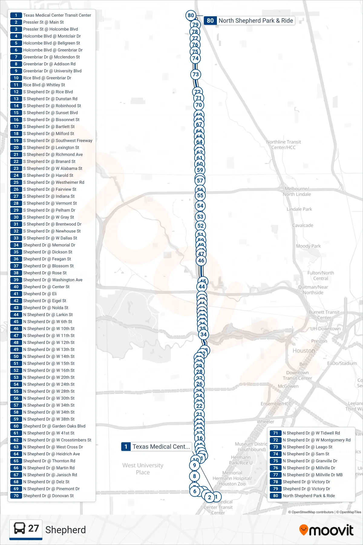 27 bus Line (N Shepherd P&R - Northbound) route and stops on a map