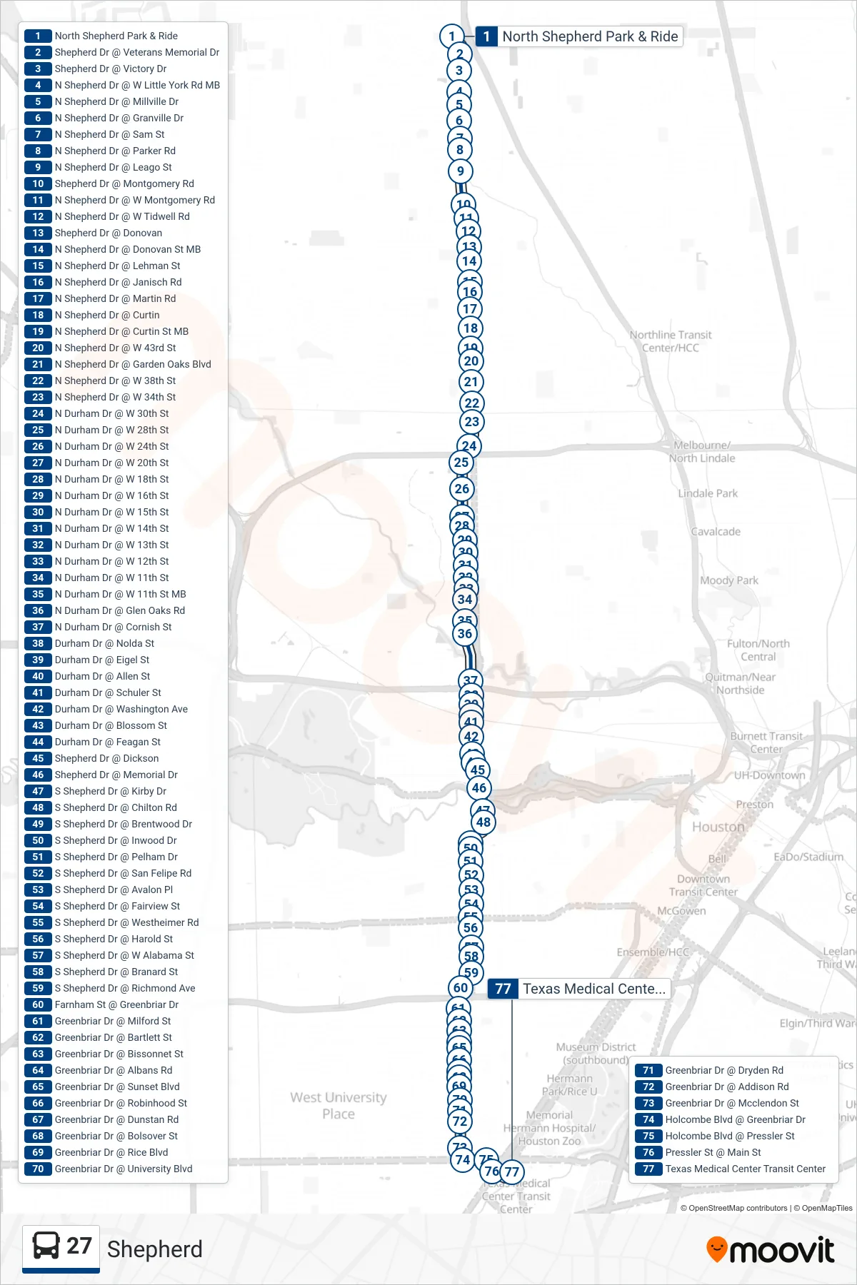 27 bus Line (Tmc Tc - Southbound) route and stops on a map