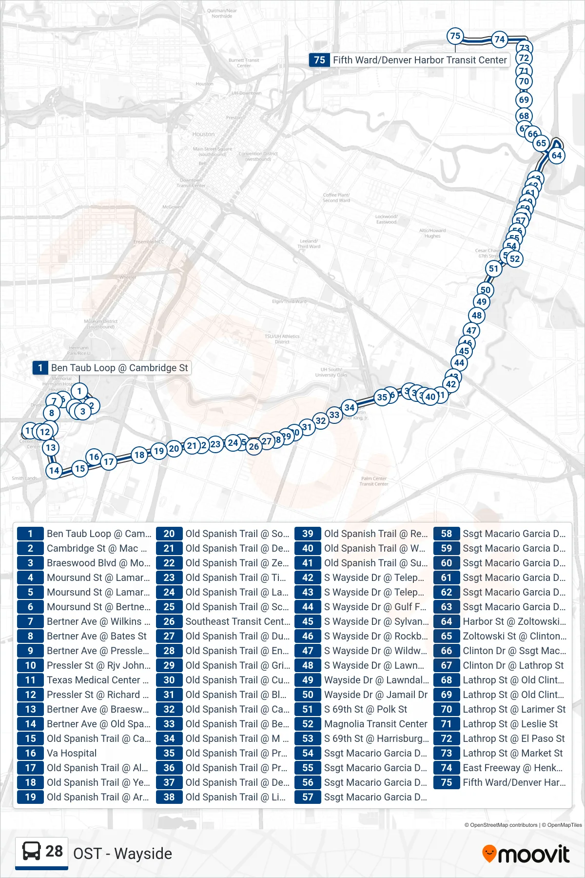 28 bus Line (Denver Harbor Tc - Eastbound) route and stops on a map