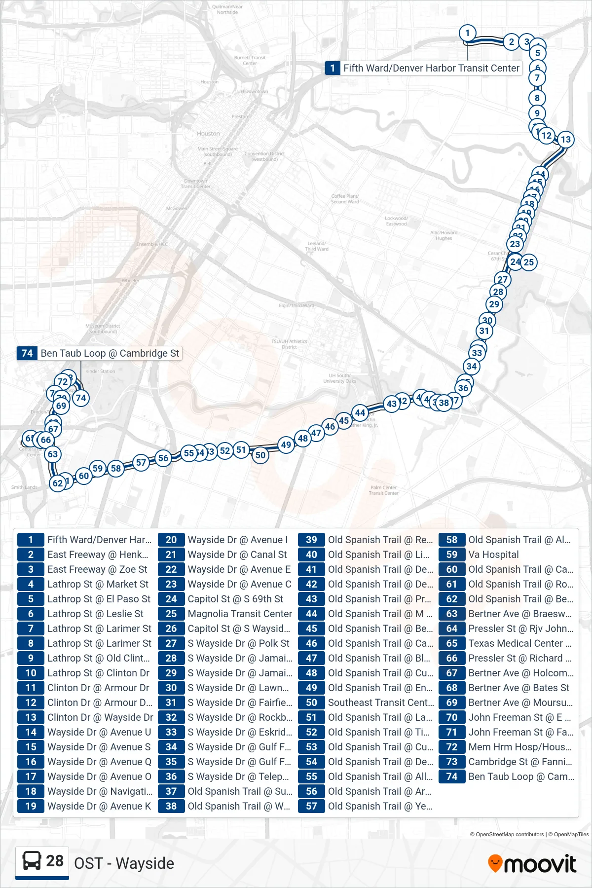 28 bus Line (Ben Taub Hospital - Westbound) route and stops on a map