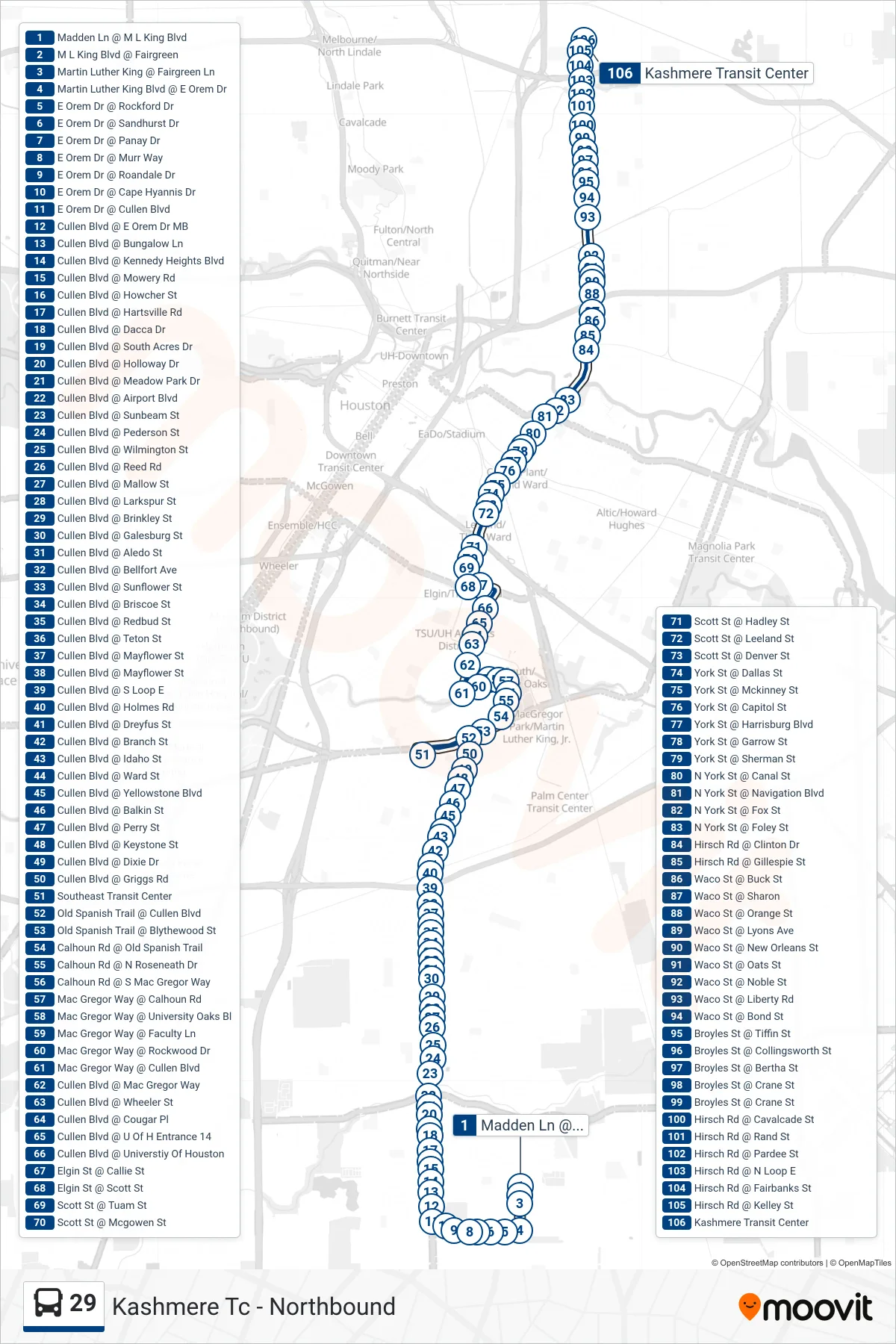 29 bus Line (Kashmere Tc - Northbound) route and stops on a map