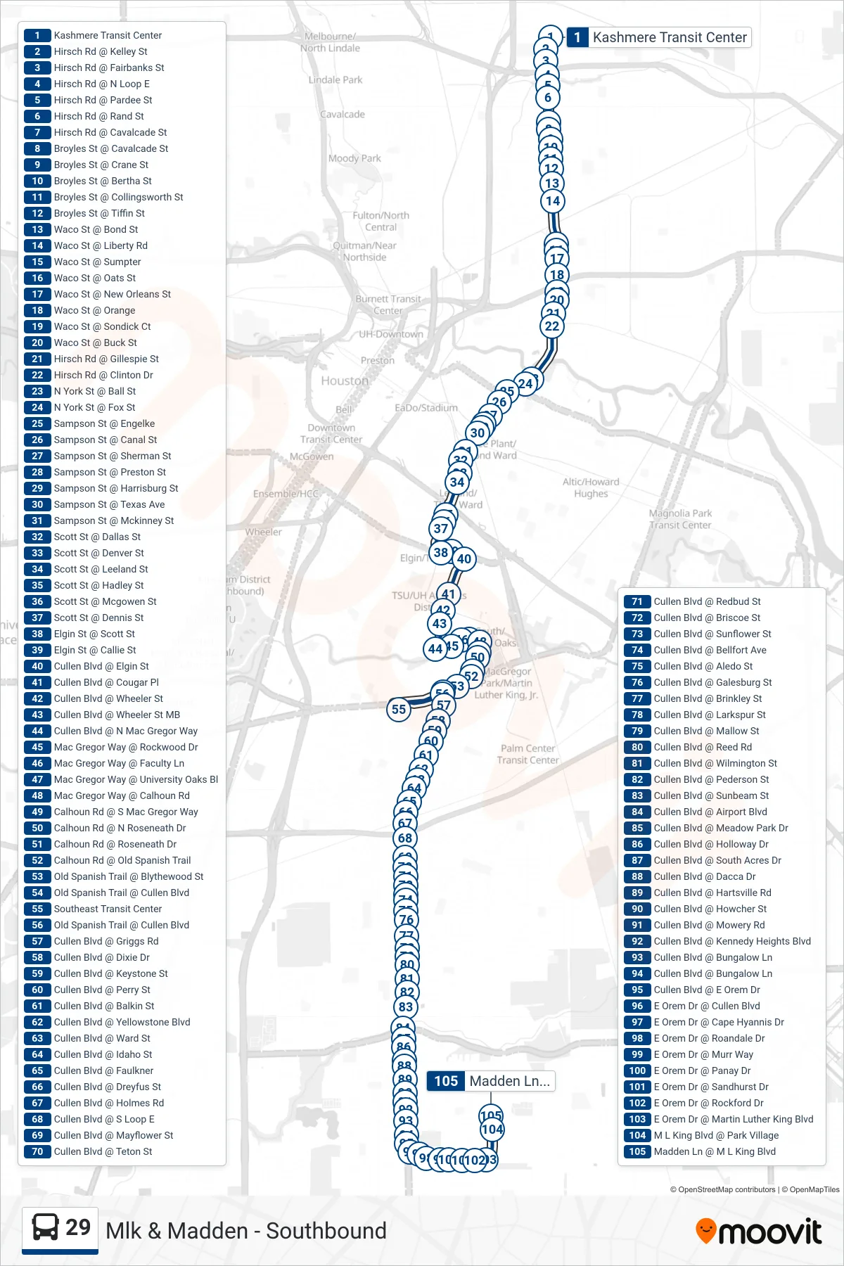 29 bus Line (Mlk & Madden - Southbound) route and stops on a map