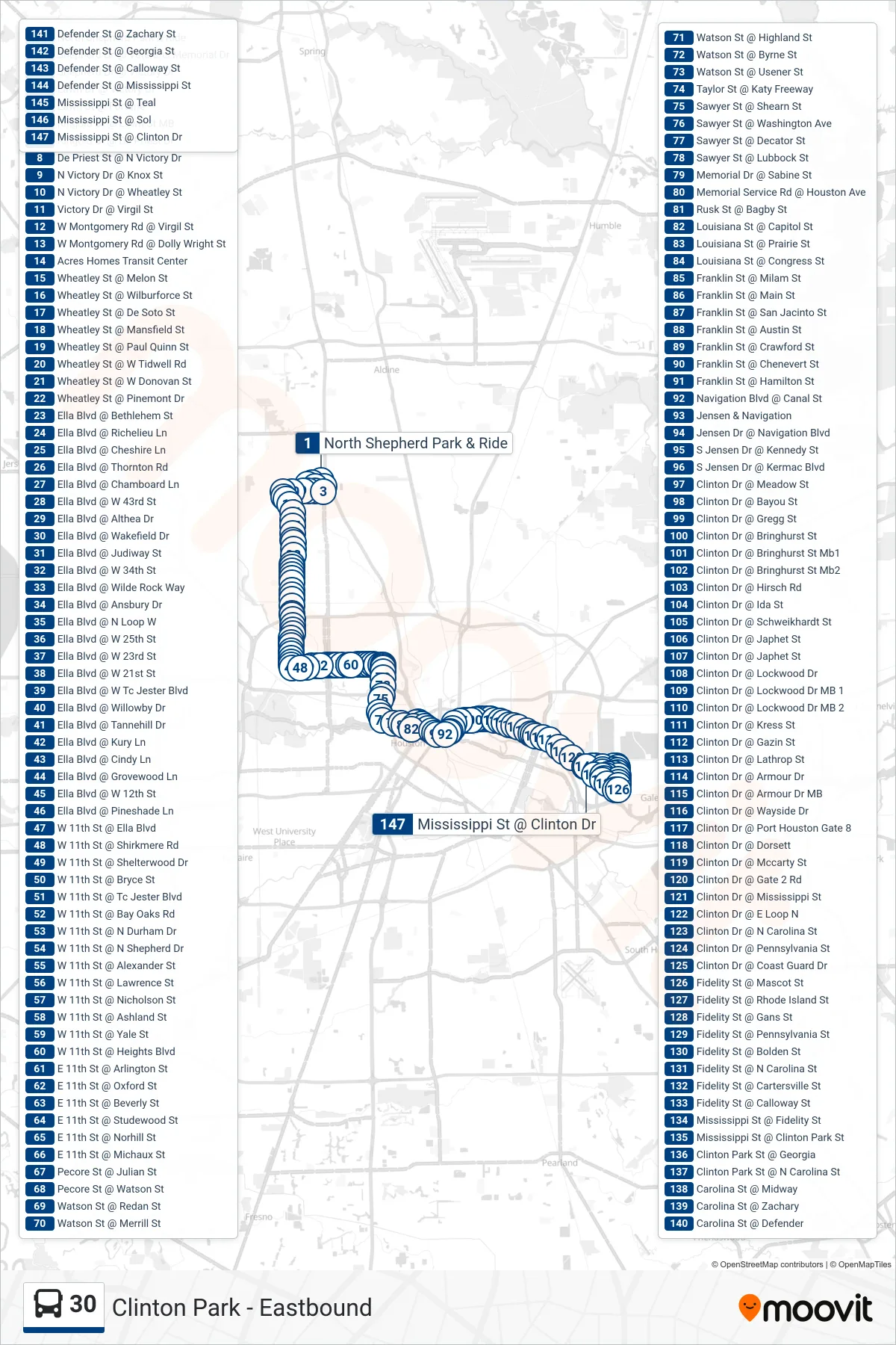 30 bus Line (Clinton Park - Eastbound) route and stops on a map