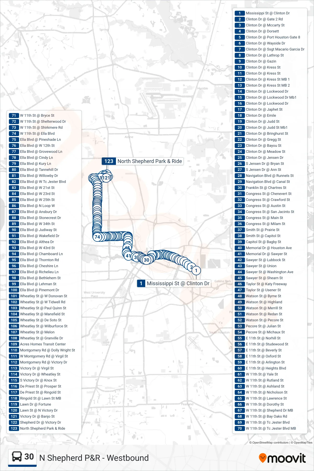 30 bus Line (N Shepherd P&R - Westbound) route and stops on a map