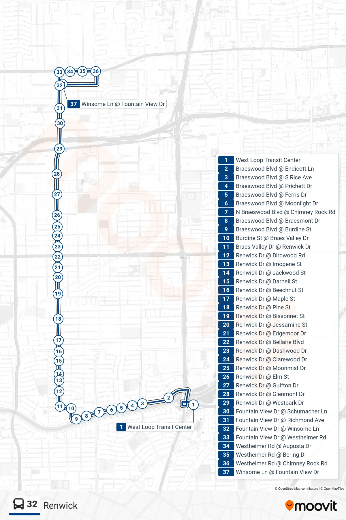 32 bus Line (Westheimer - Northbound) route and stops on a map