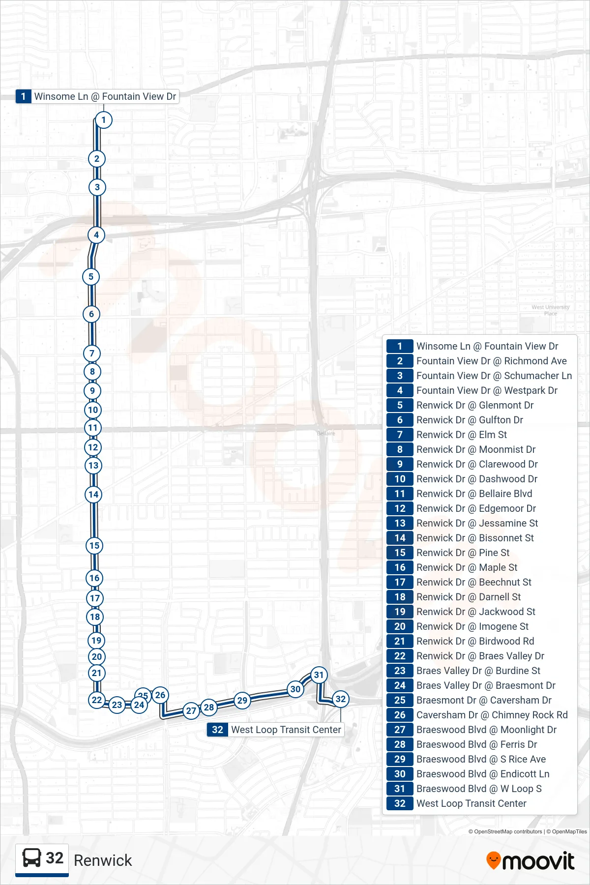 32 bus Line (West Loop Tc - Southbound) route and stops on a map