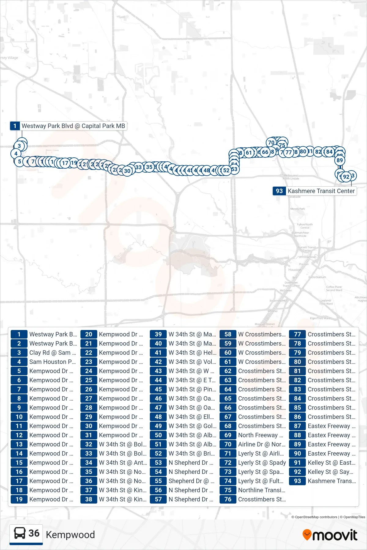 36 bus Line (Kashmere Tc - Eastbound) route and stops on a map