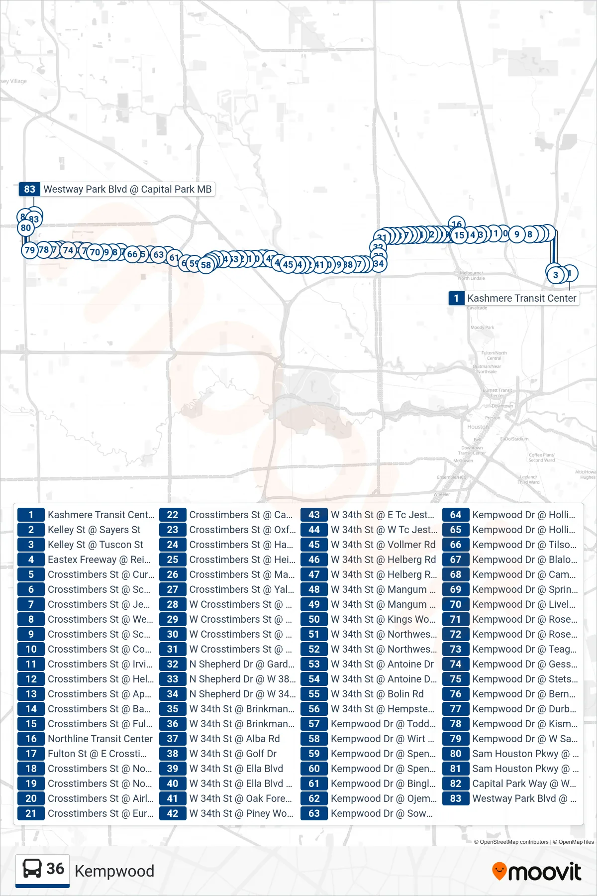 36 bus Line (West Belt - Westbound) route and stops on a map