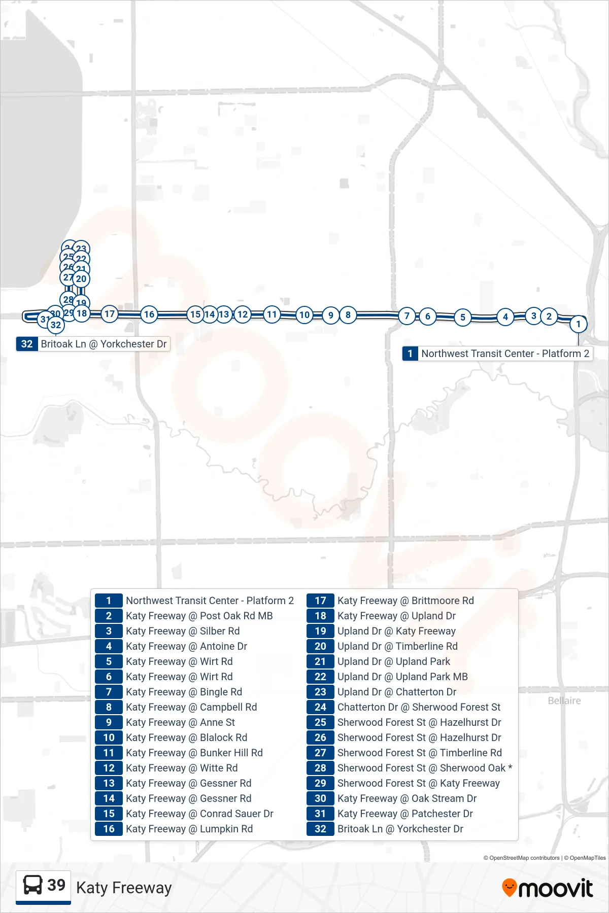 39 bus Line (Britoak Ln - Westbound) route and stops on a map