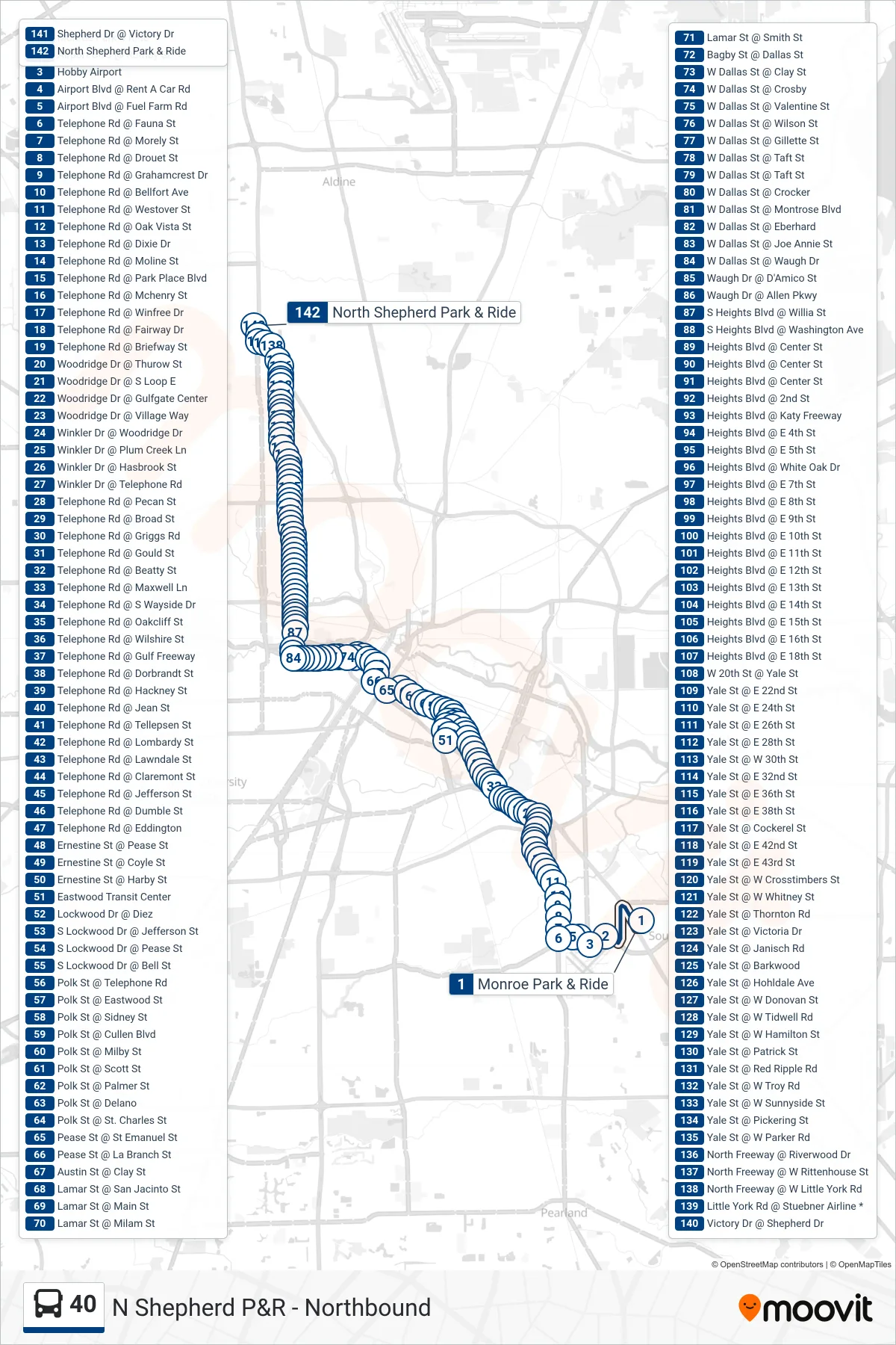 40 bus Line (N Shepherd P&R - Northbound) route and stops on a map