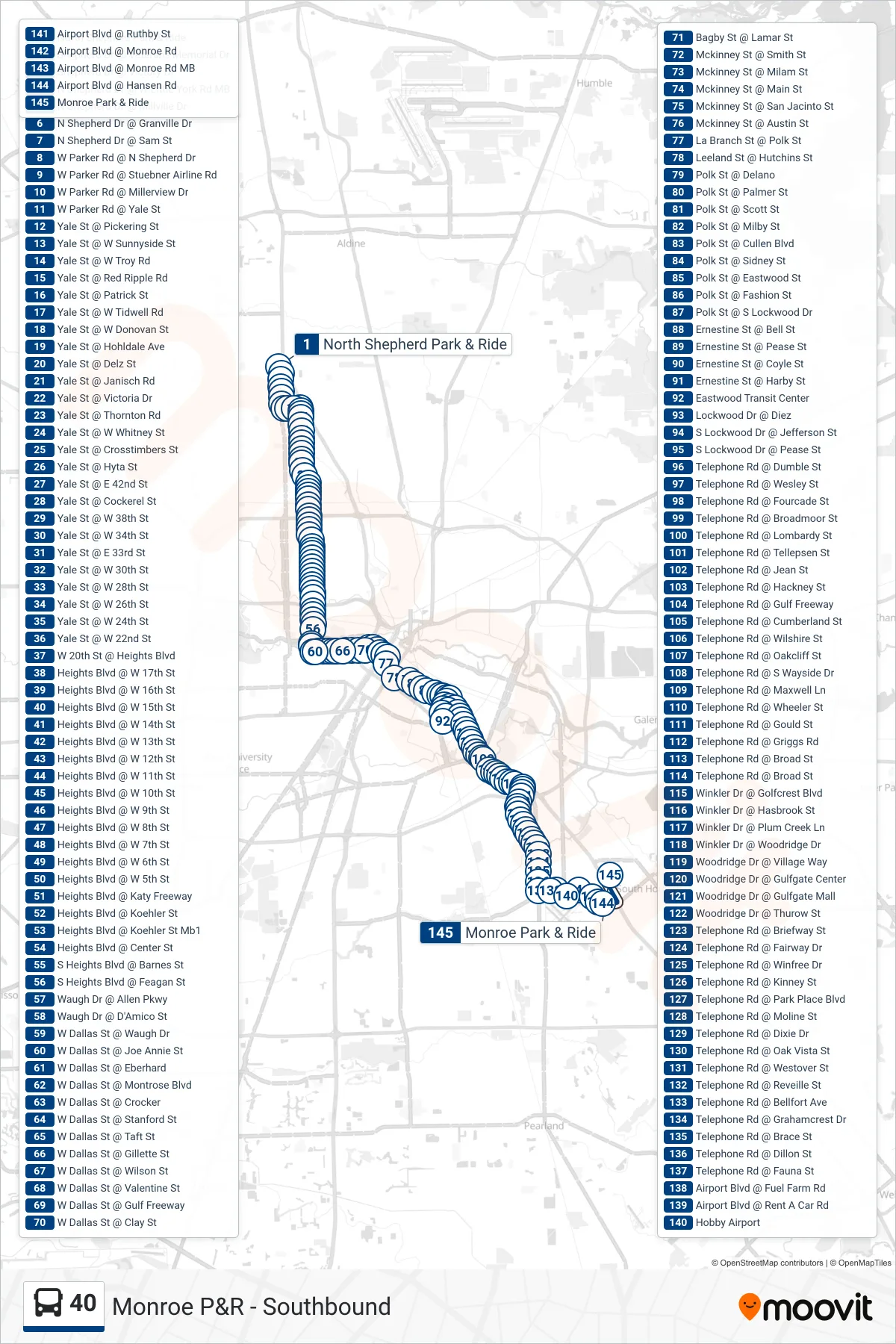 40 bus Line (Monroe P&R - Southbound) route and stops on a map