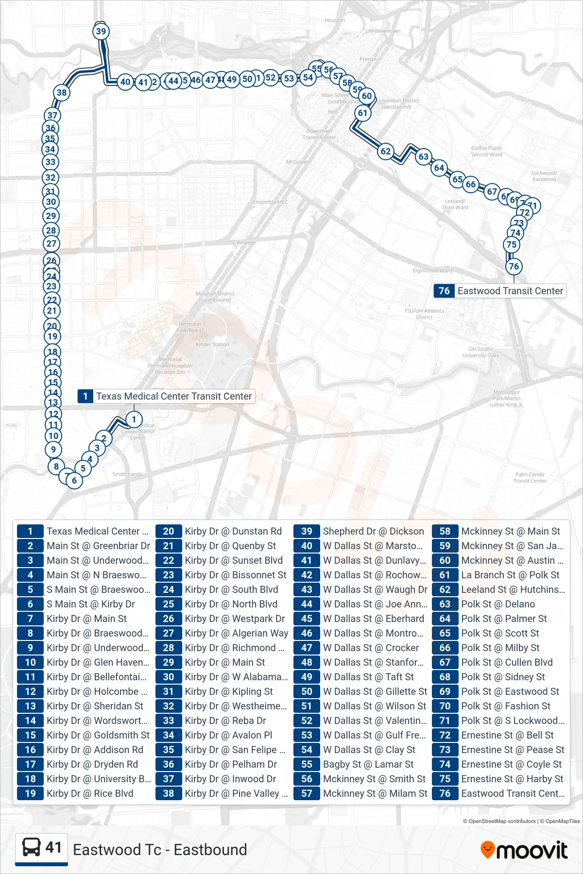 41 bus Line (Eastwood Tc - Eastbound) route and stops on a map
