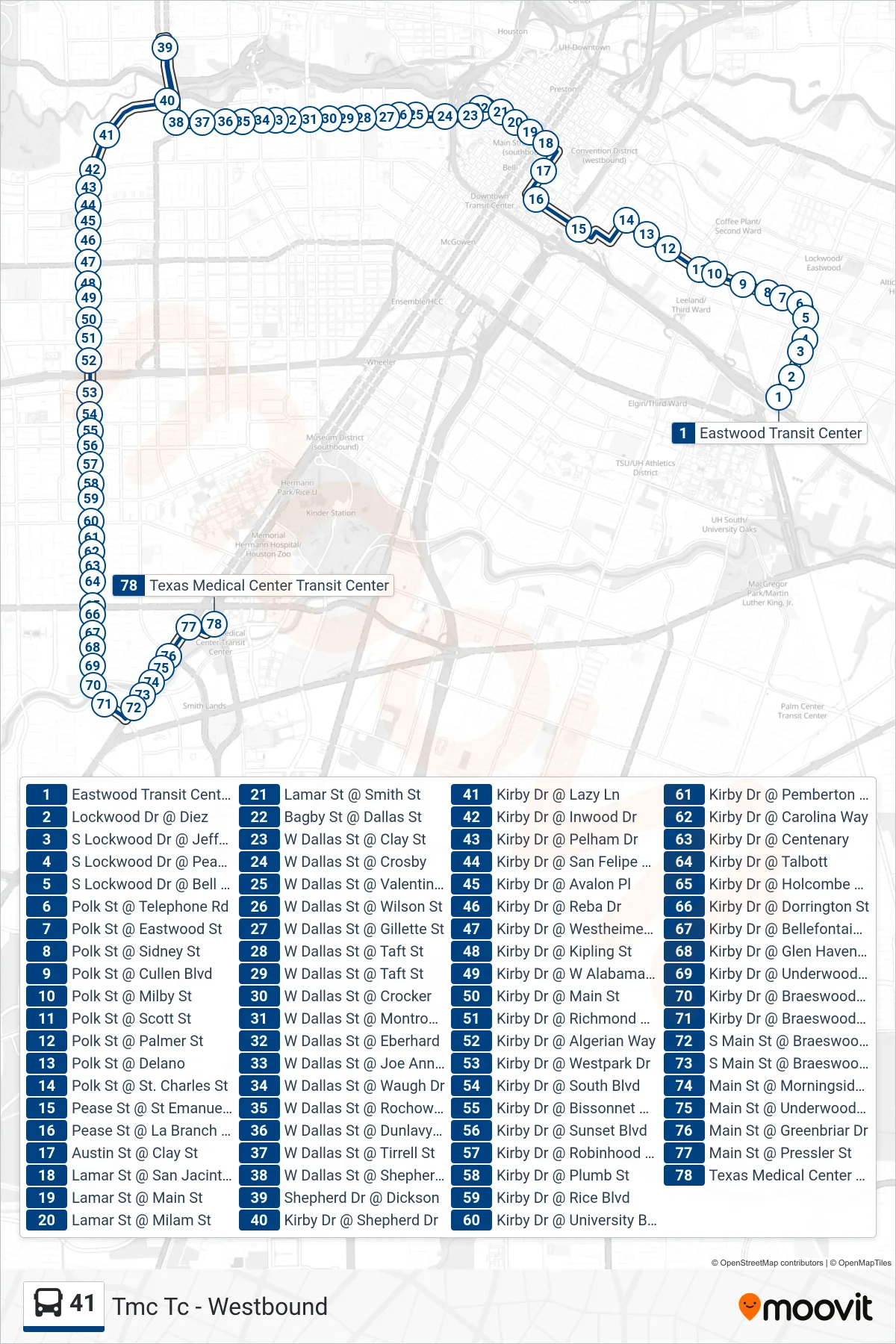41 bus Line (Tmc Tc - Westbound) route and stops on a map