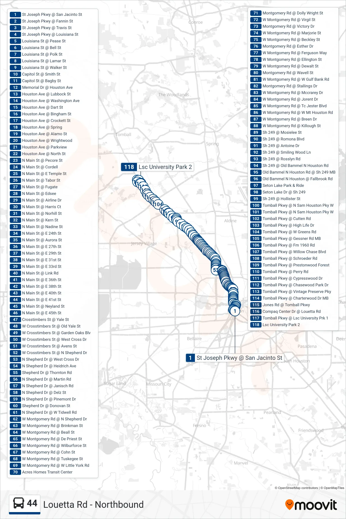 44 bus Line (Louetta Rd - Northbound) route and stops on a map