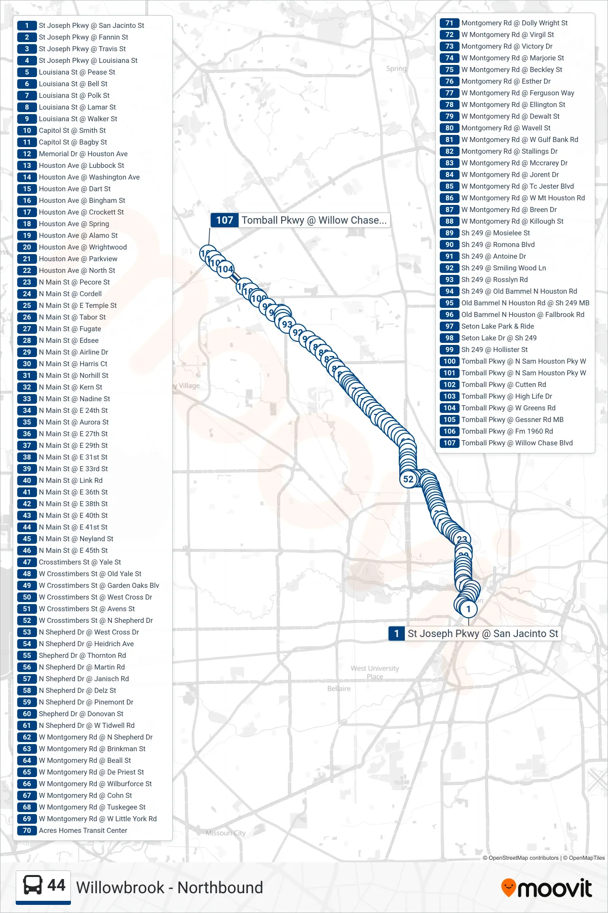 44 bus Line (Willowbrook - Northbound) route and stops on a map
