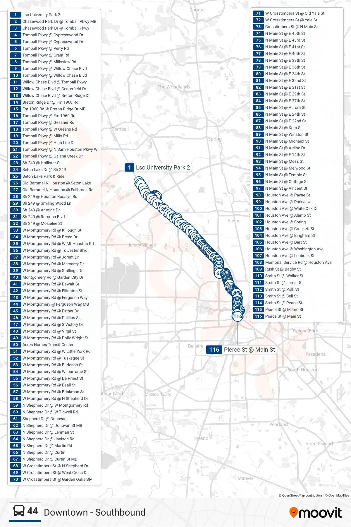 44 bus Line (Downtown - Southbound) route and stops on a map