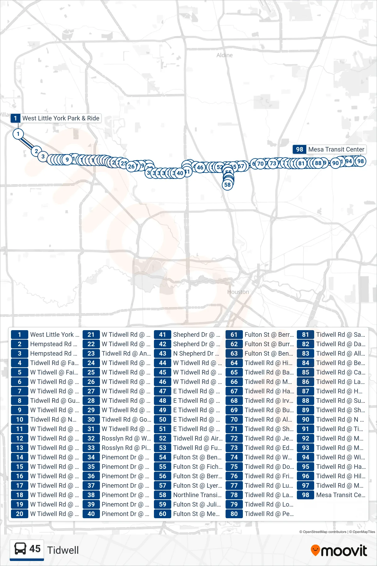 45 bus Line (Mesa Tc - Eastbound) route and stops on a map