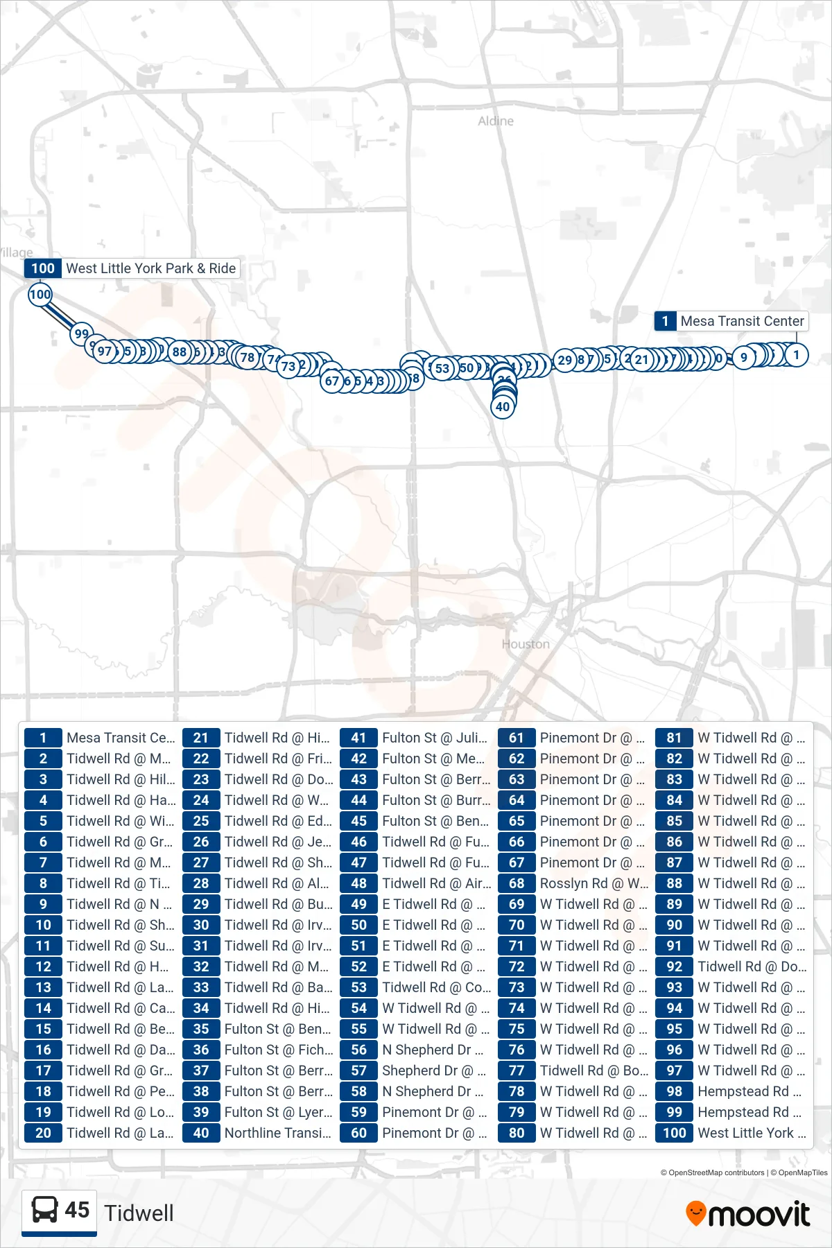 45 bus Line (West Little York - Westbound) route and stops on a map