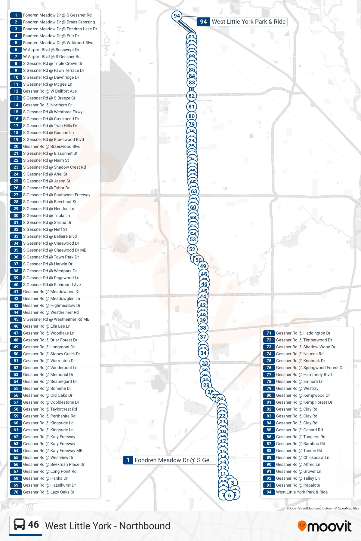 46 bus Line (West Little York - Northbound) route and stops on a map