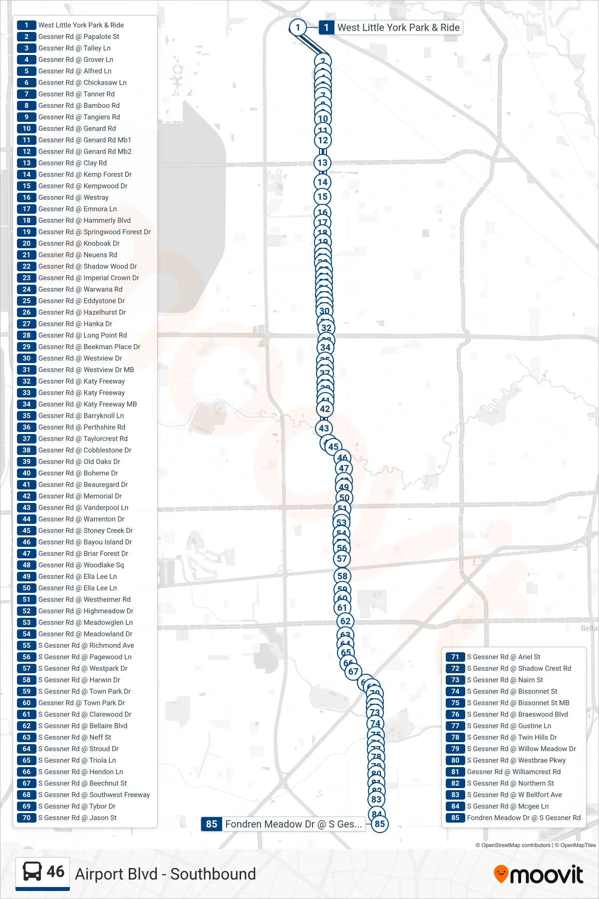 46 bus Line (Airport Blvd - Southbound) route and stops on a map
