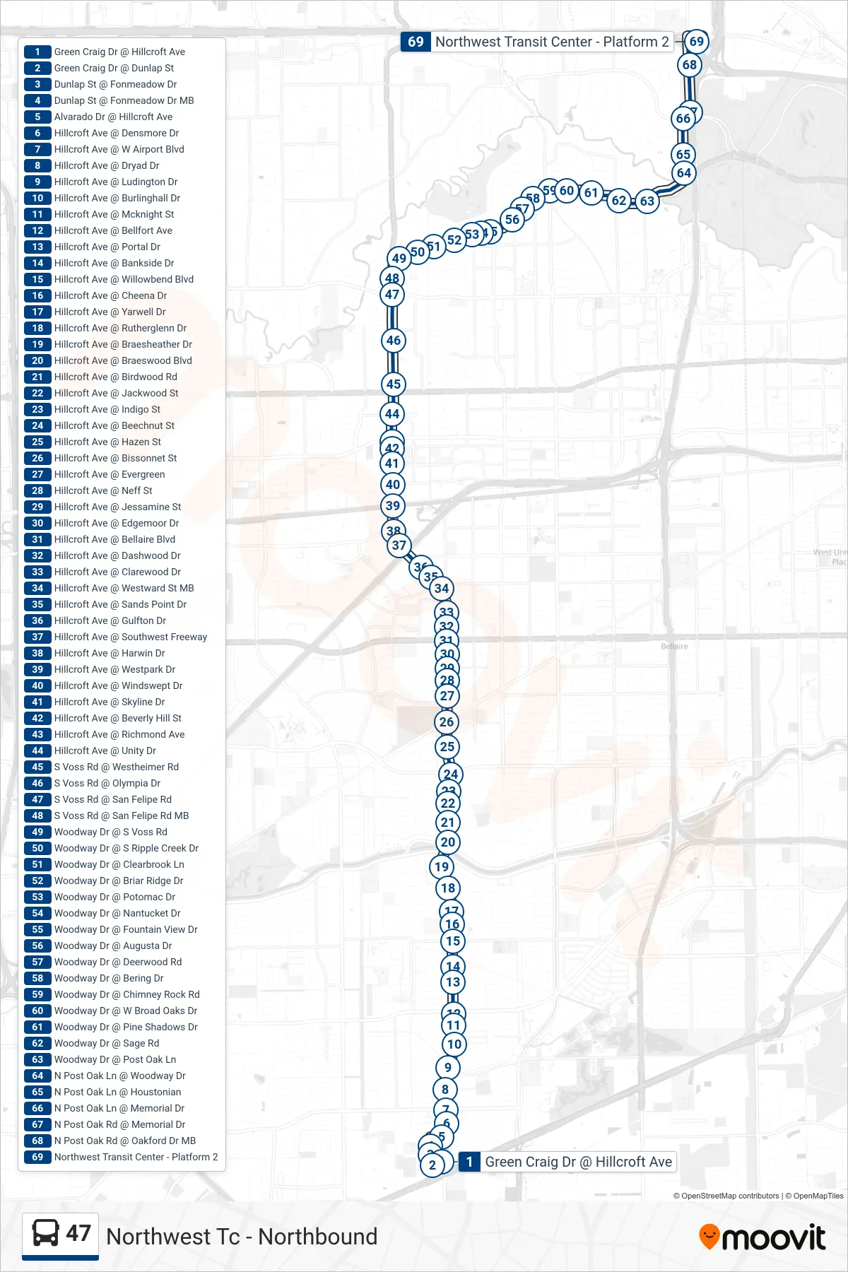 47 bus Line (Northwest Tc - Northbound) route and stops on a map