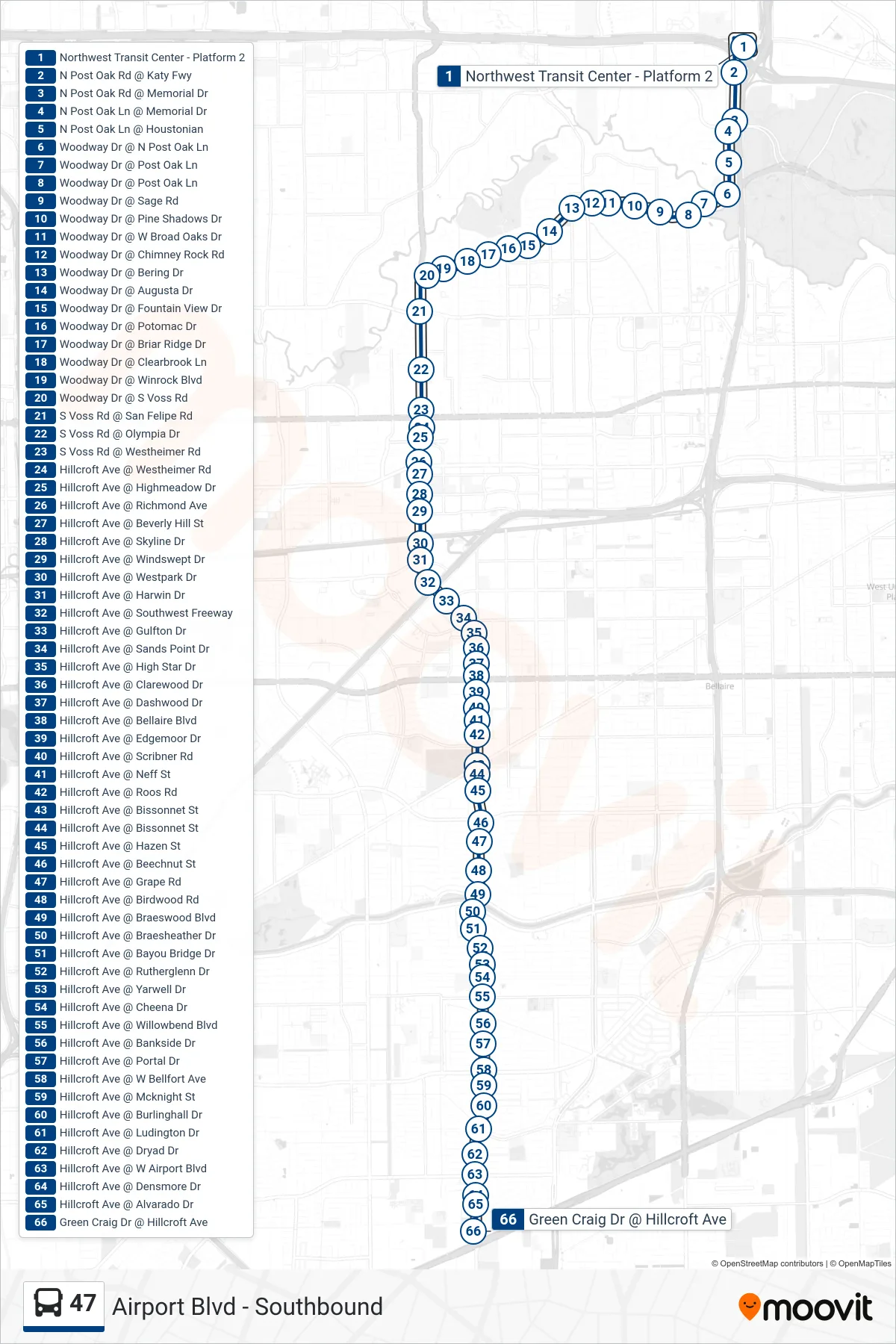 47 bus Line (Airport Blvd - Southbound) route and stops on a map