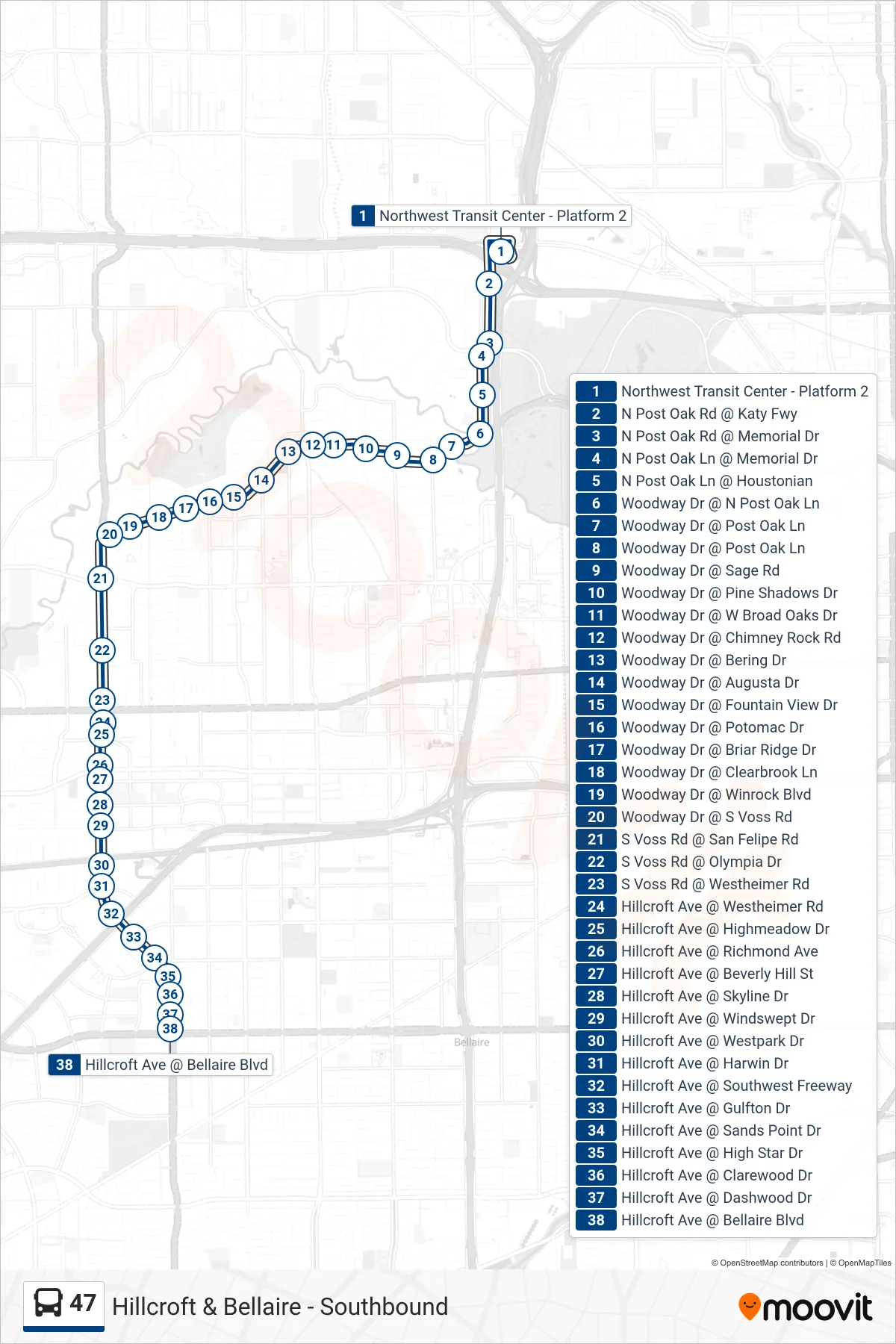 47 bus Line (Hillcroft & Bellaire - Southbound) route and stops on a map