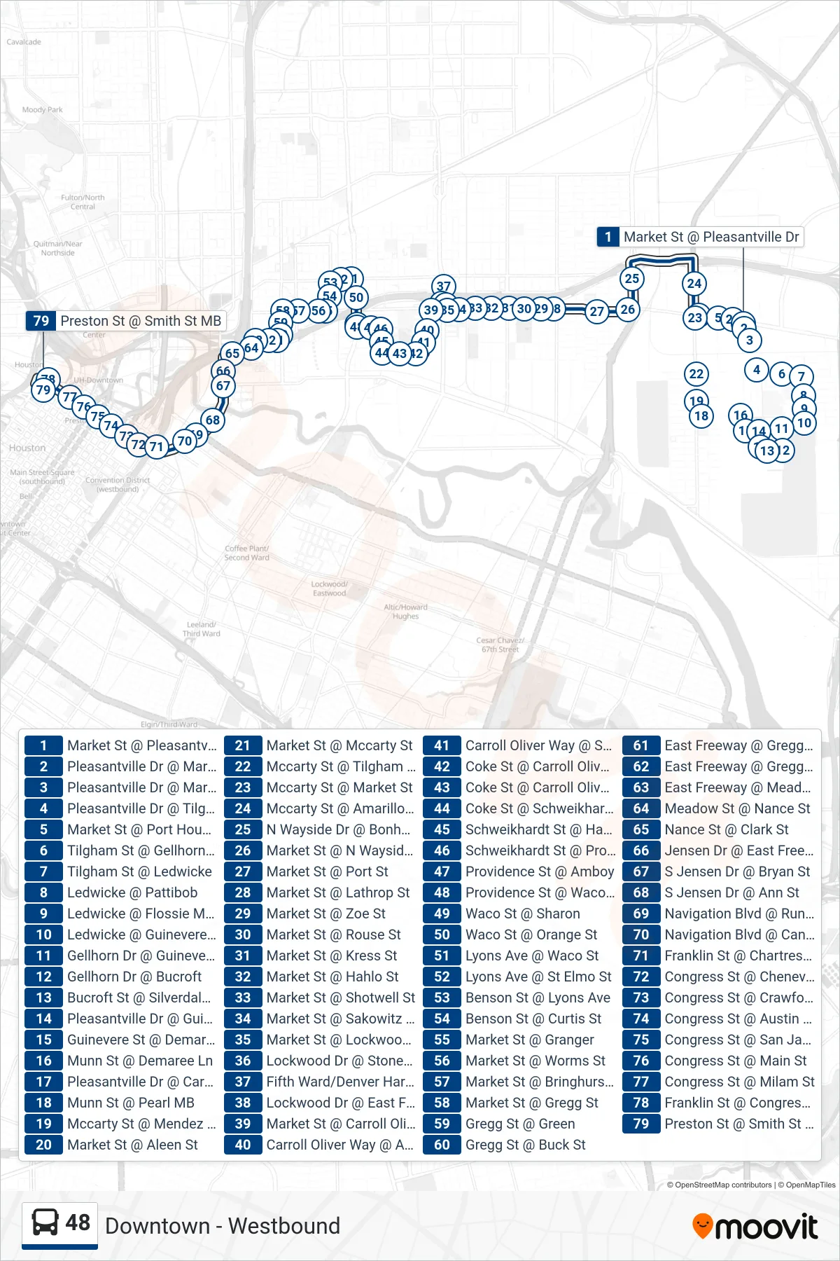 48 bus Line (Downtown - Westbound) route and stops on a map
