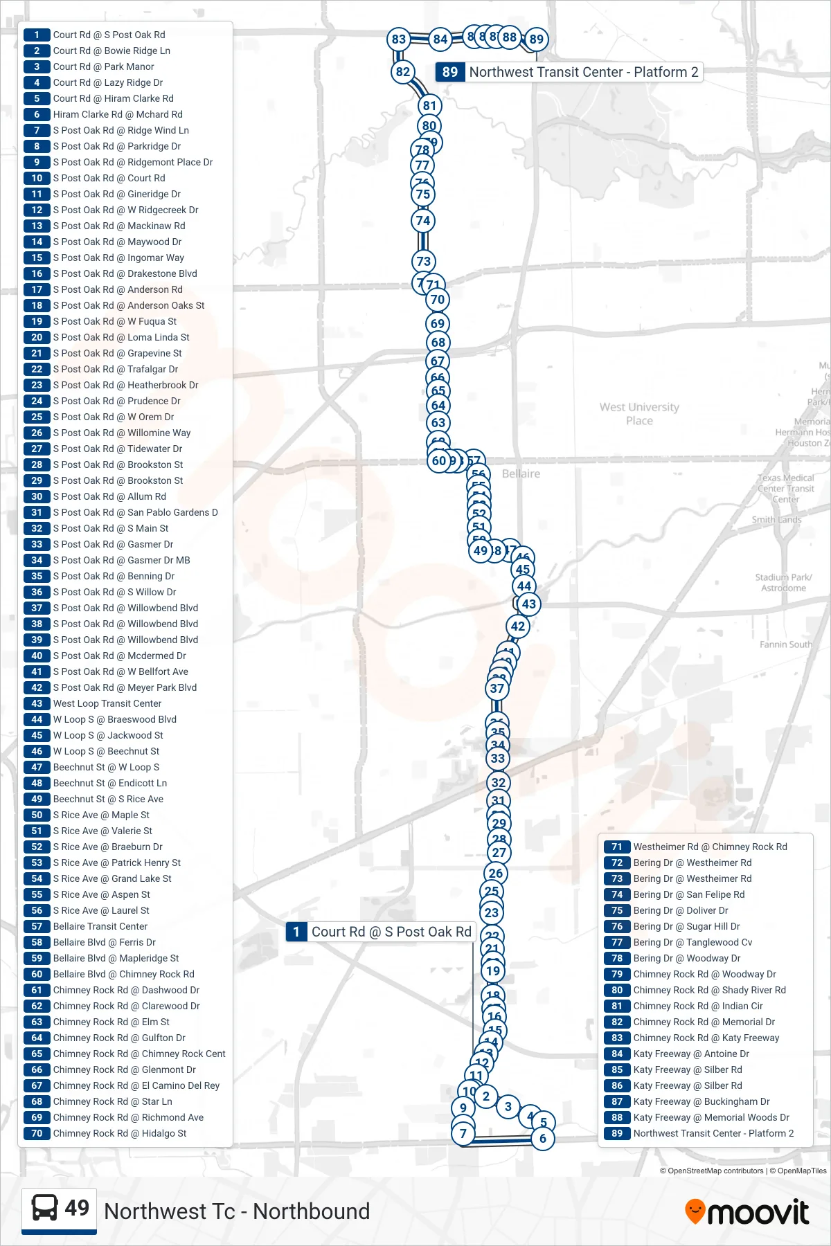49 bus Line (Northwest Tc - Northbound) route and stops on a map